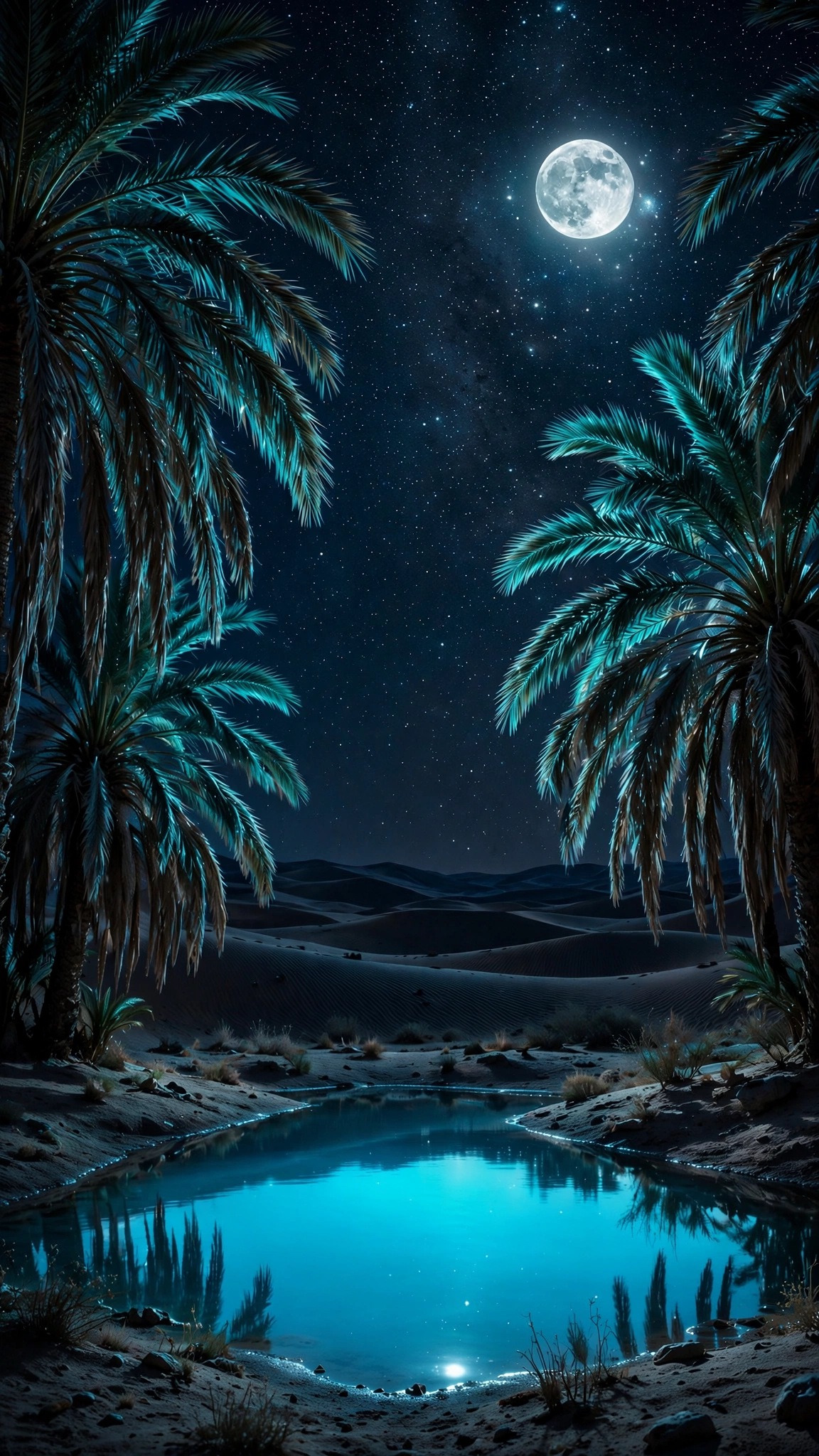 Palm silhouettes ring a still oasis pool beneath a star-packed night sky.