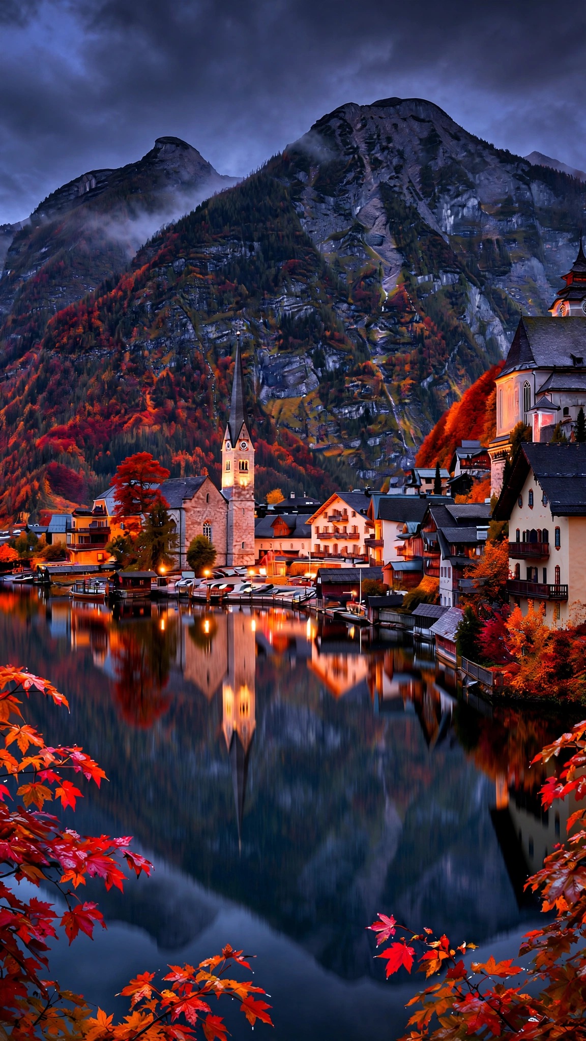 Hallstatt Lakeside Autumn Dusk, vertical landscape phone wallpaper