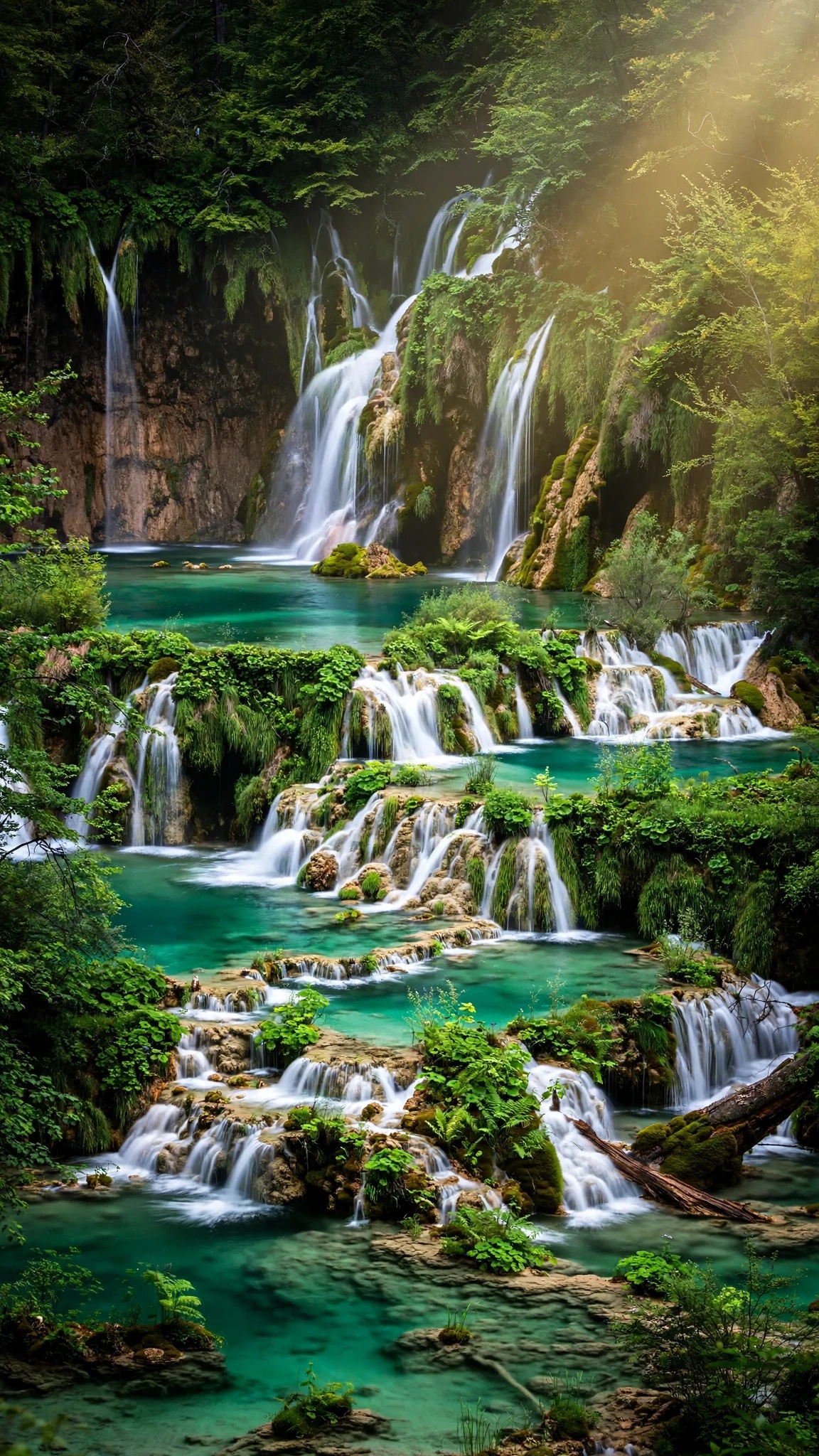 Plitvice Turquoise Waterfall Terraces, vertical landscape phone wallpaper