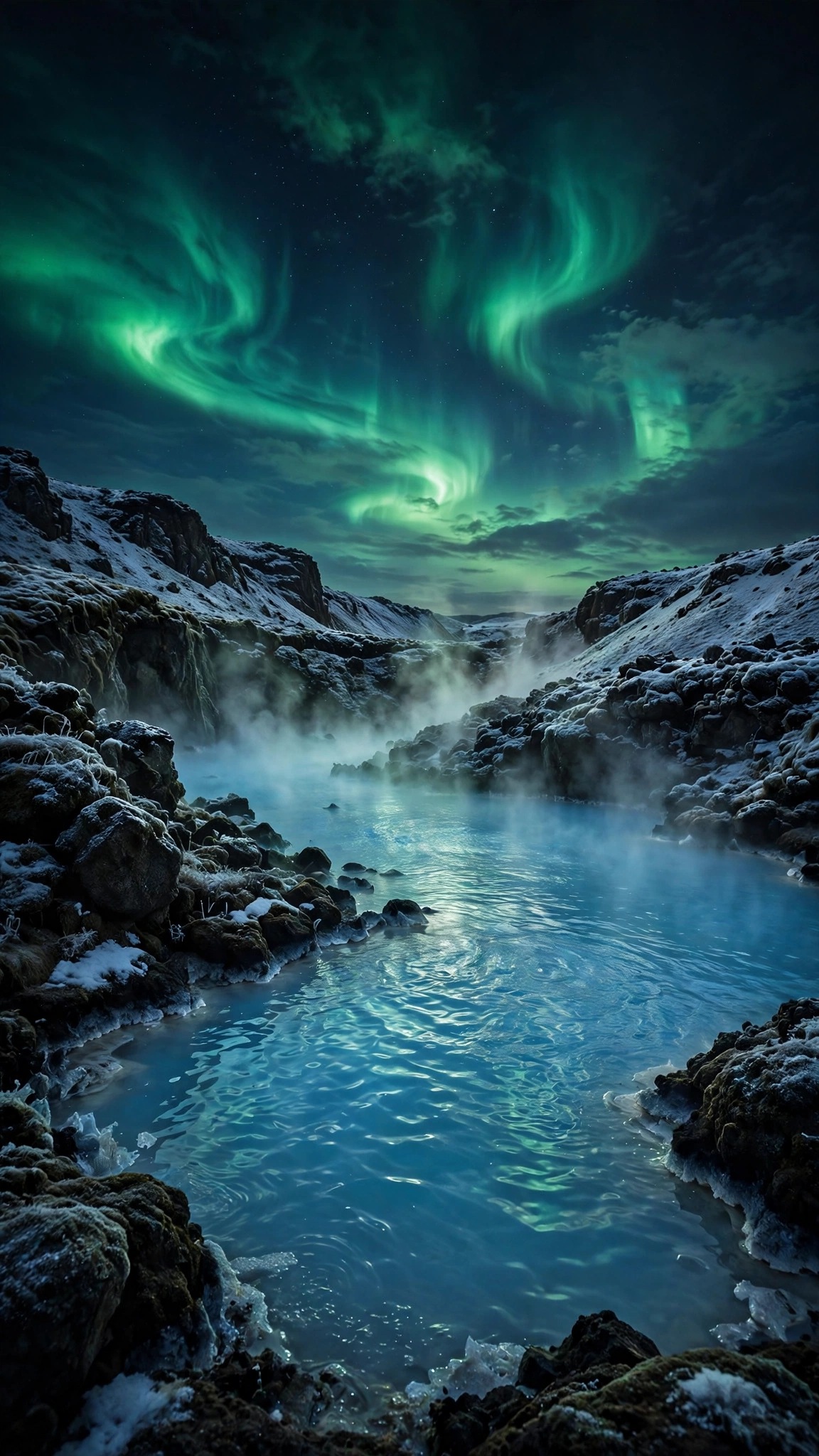 Geothermal Lagoon Aurora Night - vertical landscape phone wallpaper