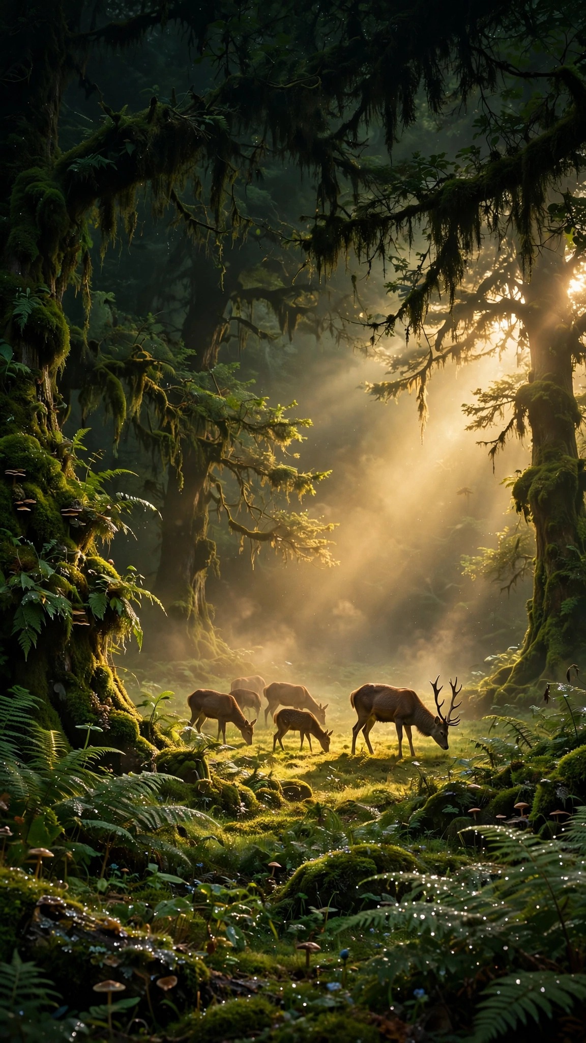 Moss Forest Deer God Rays - vertical landscape phone wallpaper
