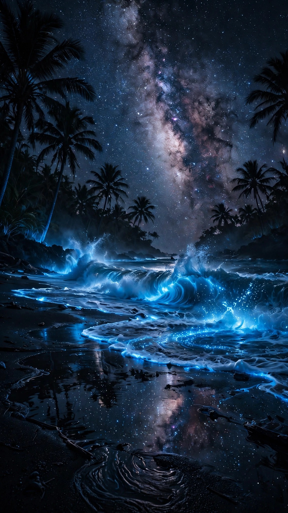 Bioluminescent waves crashing on a moonlit tropical beach under the Milky Way