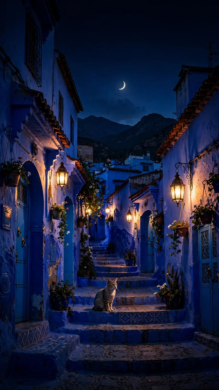 Chefchaouen blue city at blue hour with glowing lanterns and a cat