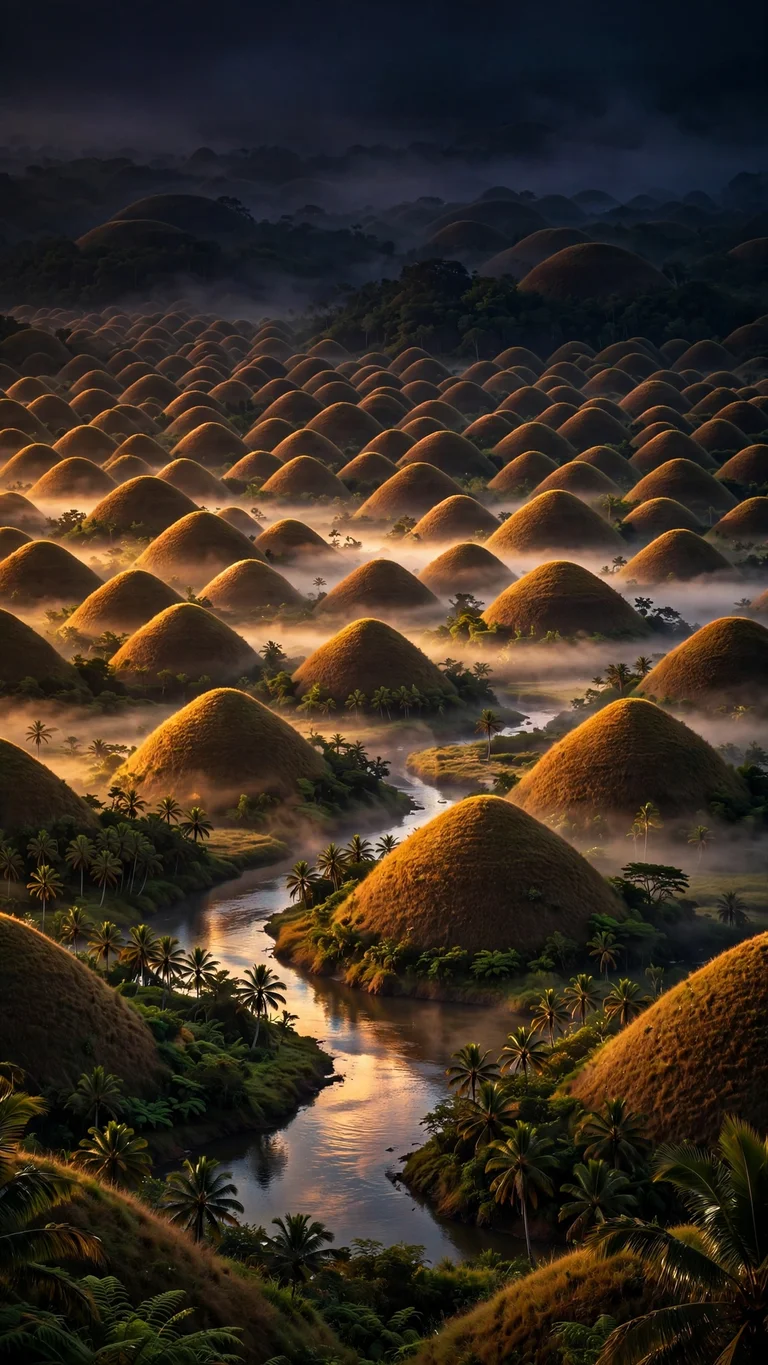 Chocolate Hills of Bohol glowing amber at golden sunrise with mist