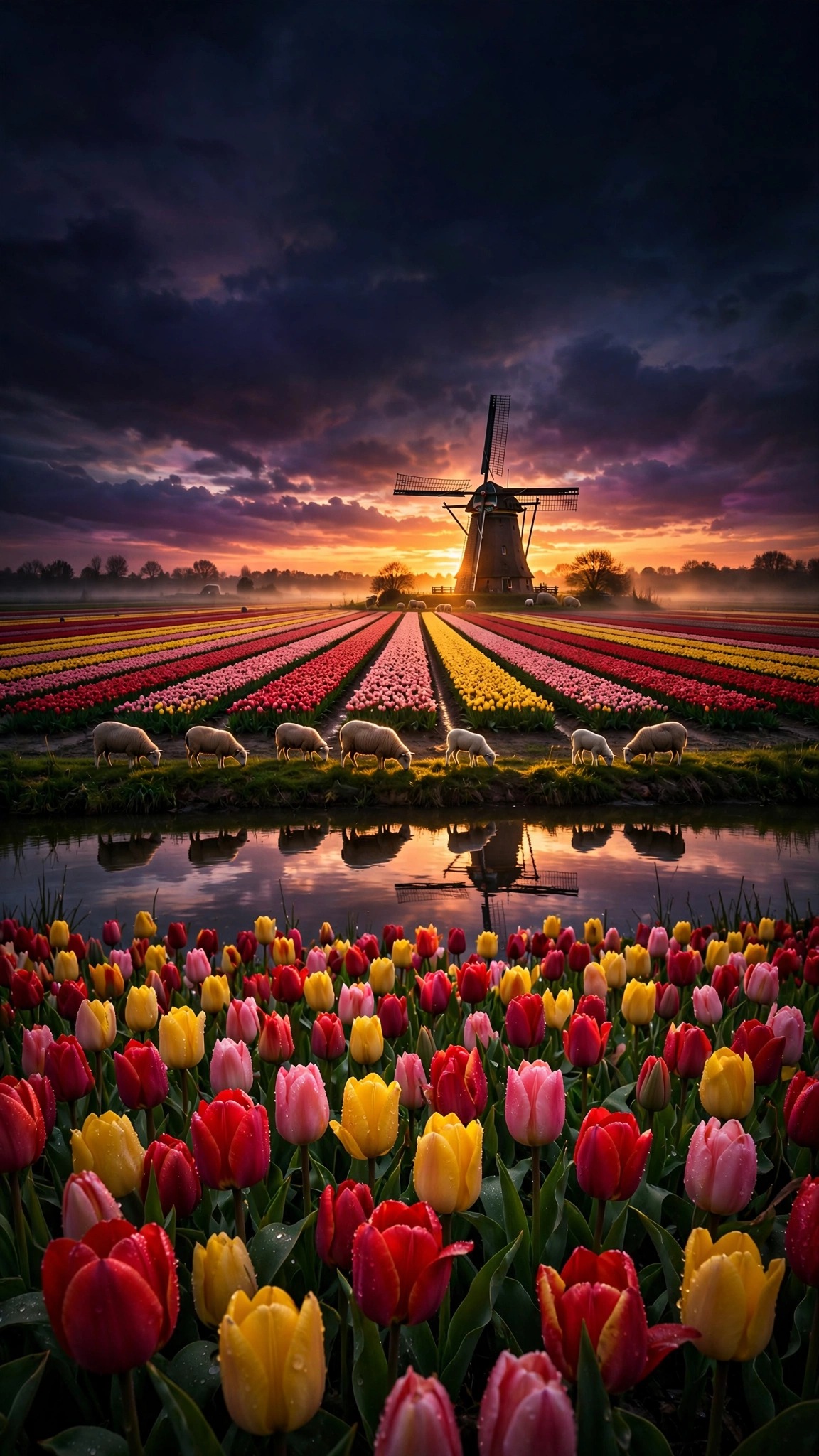 Dutch tulip fields with a wooden windmill at sunset, canal reflections