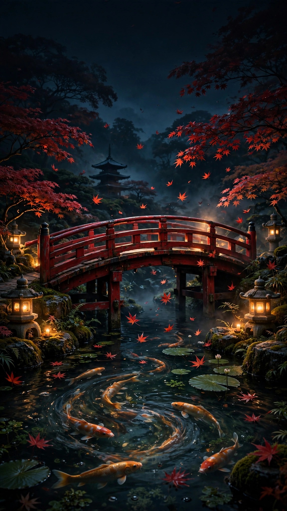 Japanese garden koi pond at dusk with red bridge and falling maple leaves