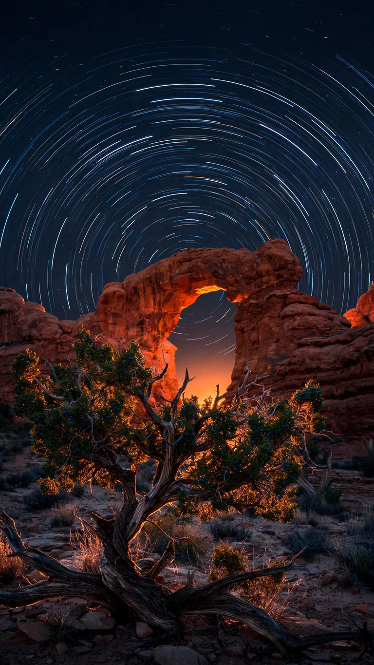 Star trails wheeling over a red-rock desert arch at dusk