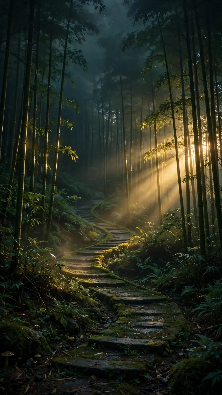 Sunbeams slicing through a misty bamboo forest at dawn, landscape wallpaper