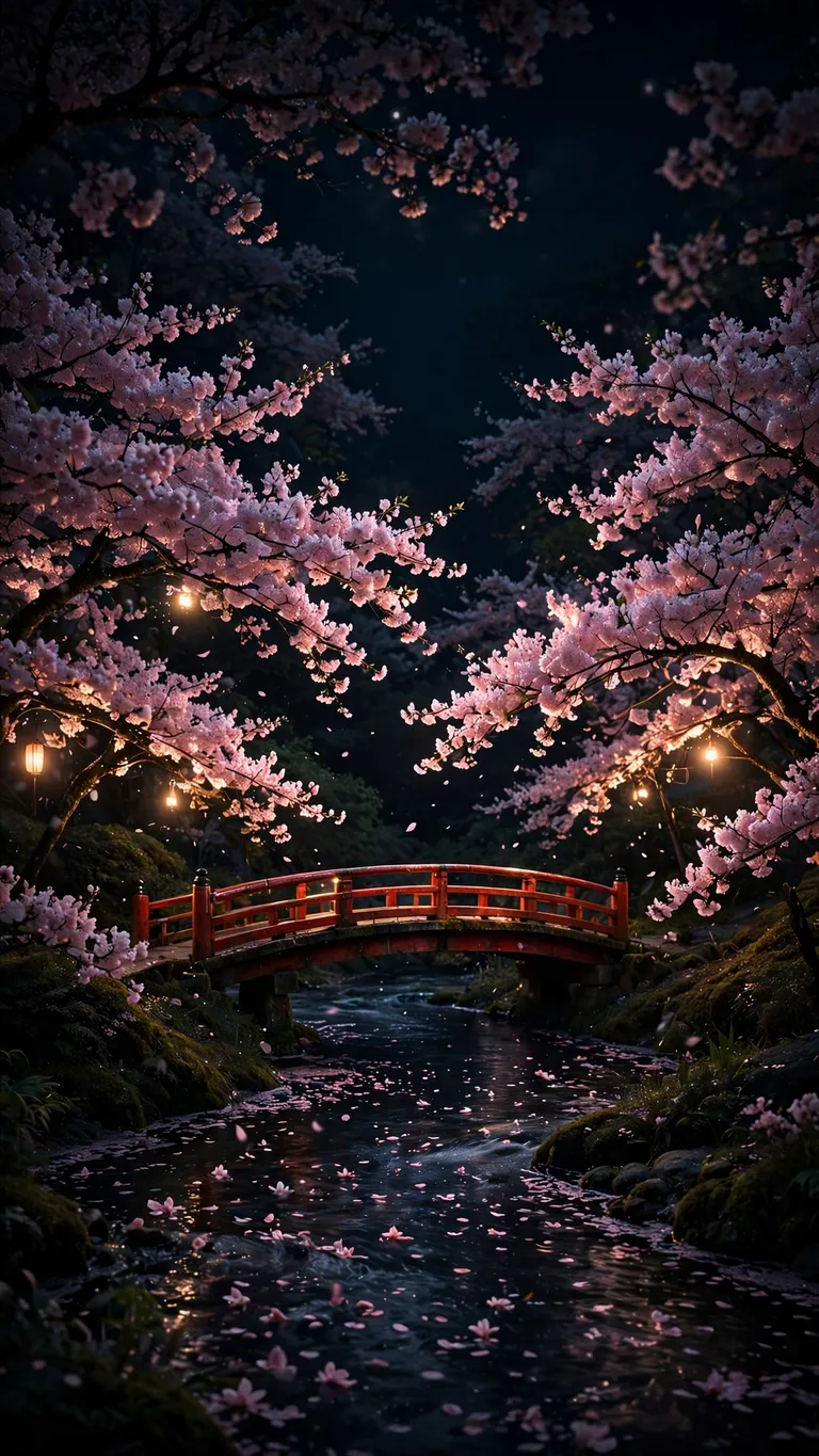 Cherry blossom river with red bridge at night, landscape wallpaper