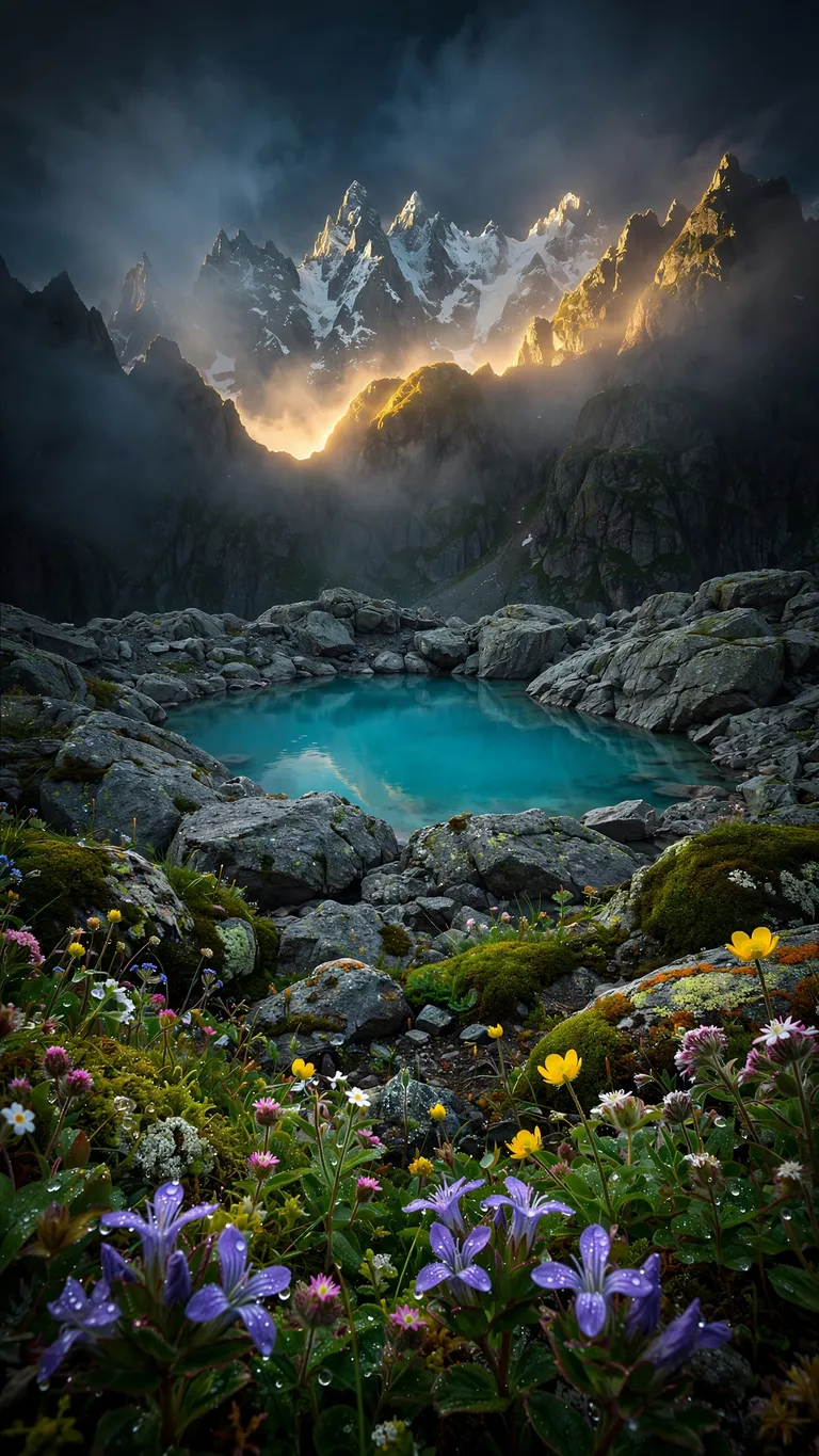 Turquoise glacial lake with snow peaks and wildflowers, landscape wallpaper