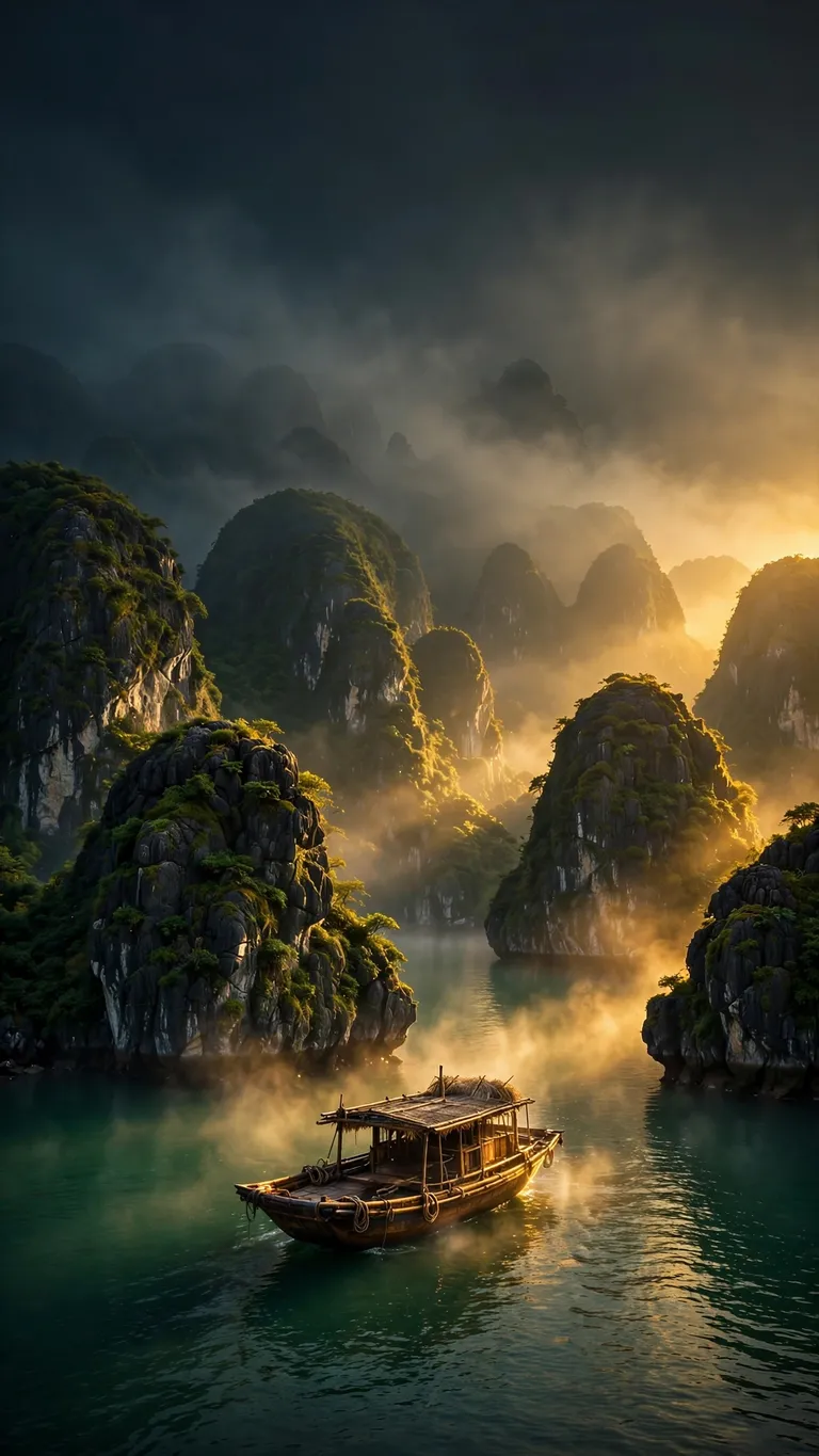 Halong Bay karsts at sunrise with wooden boat, landscape wallpaper