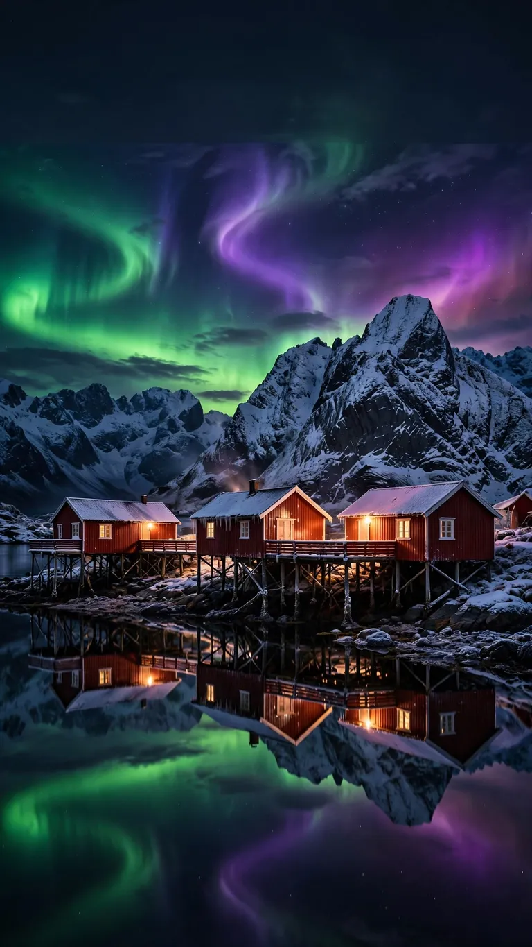 Red cabins under the aurora in Lofoten islands at night, landscape wallpaper
