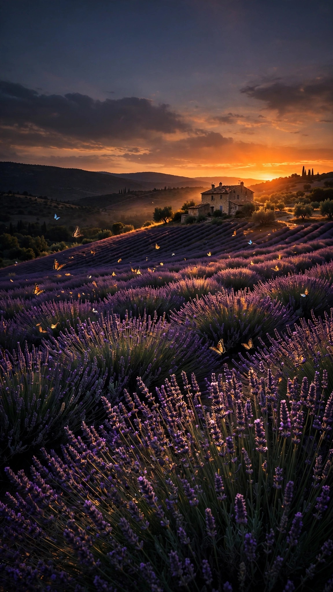 Lavender rows under a blazing Provence sunset, landscape wallpaper