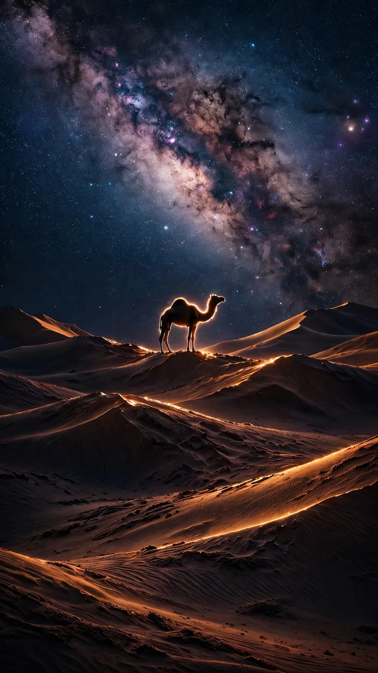 Sahara dunes and camel silhouette under the Milky Way, landscape wallpaper