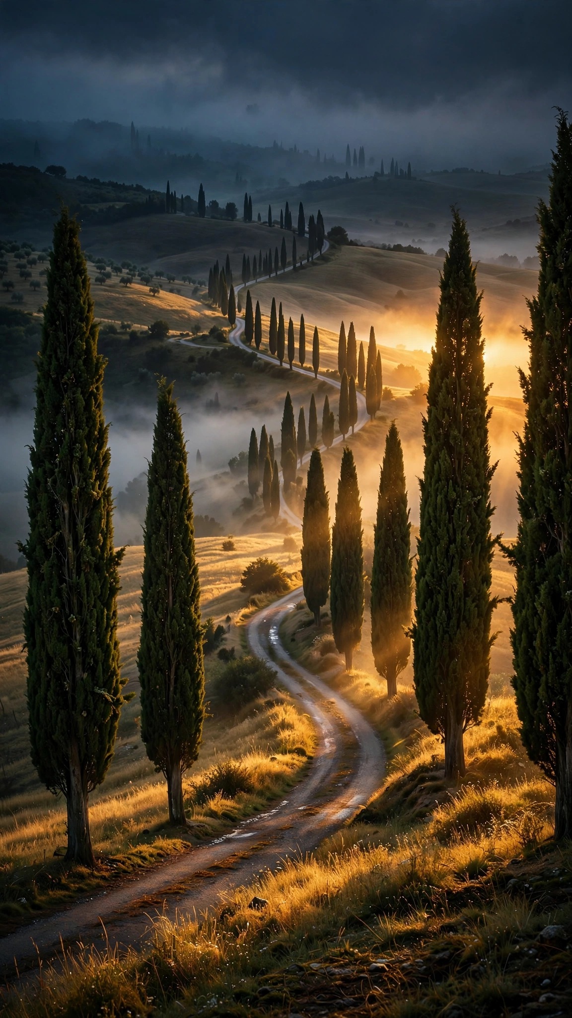 Cypress-lined road through Tuscan hills at dawn, landscape wallpaper