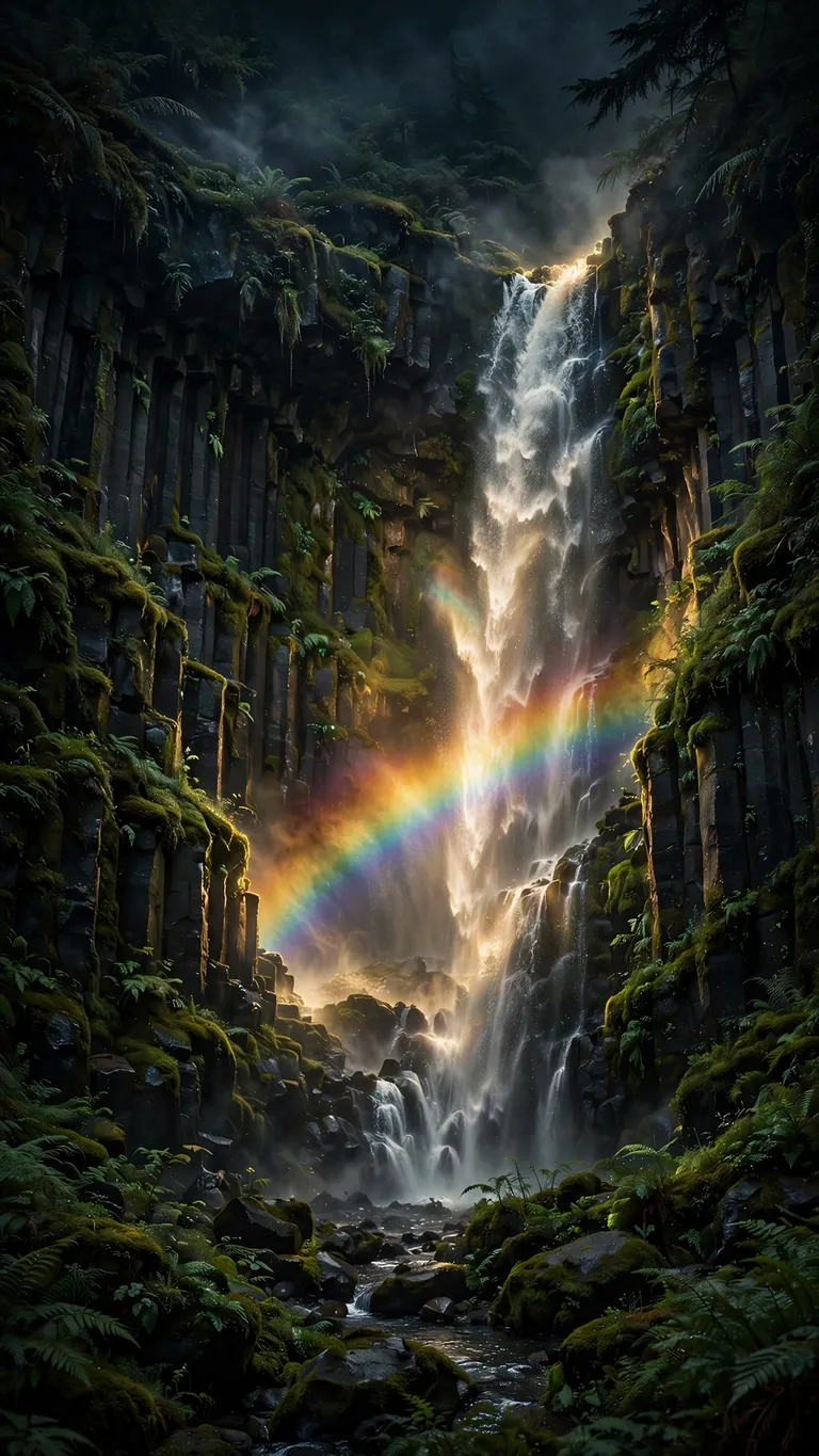 Waterfall with rainbow in a mossy basalt canyon, landscape wallpaper
