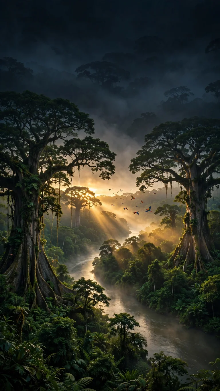 Amazon rainforest at dawn with river winding through misty canopy, vertical landscape wallpaper
