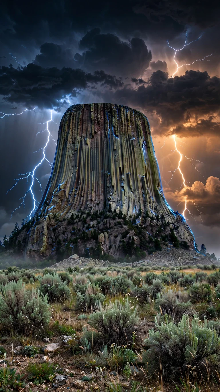 Devils Tower monolith under a lightning storm at night, vertical landscape wallpaper