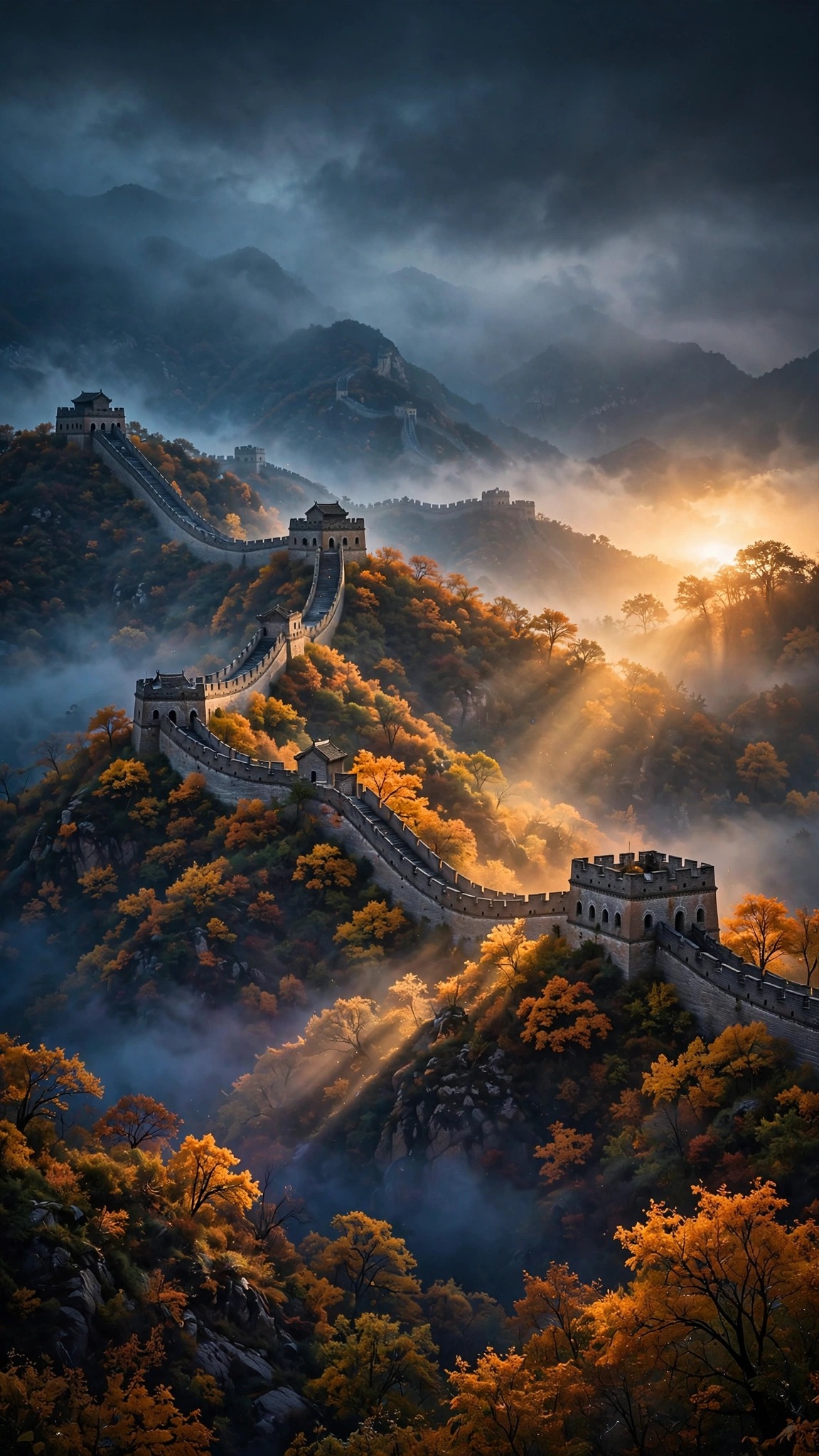 Great Wall of China winding through autumn mountain ridges in mist at sunrise, vertical landscape wallpaper