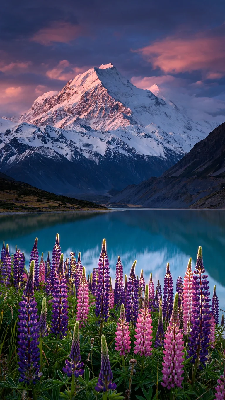 Mount Cook with lupin flower fields at dusk and lake reflections, vertical landscape wallpaper