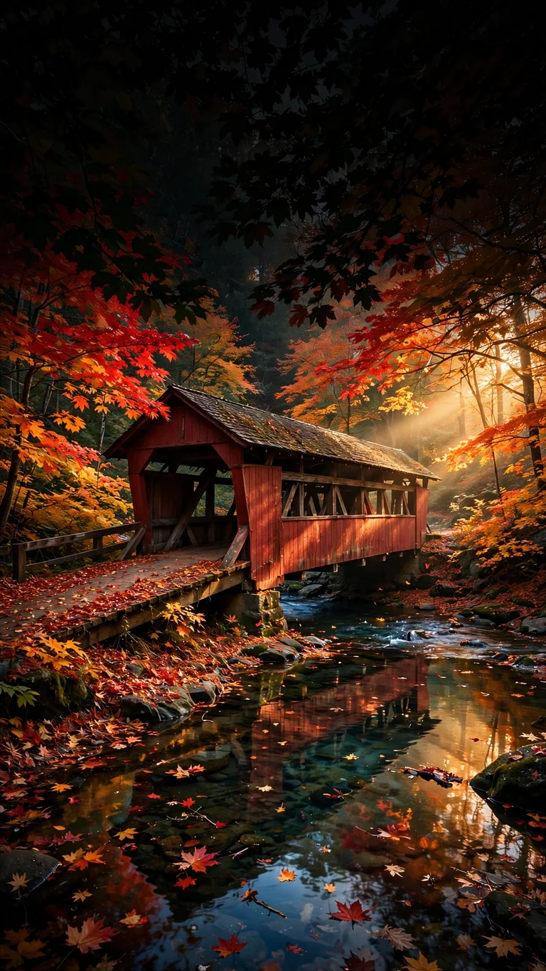 Red covered bridge over creek in New England autumn, vertical landscape wallpaper