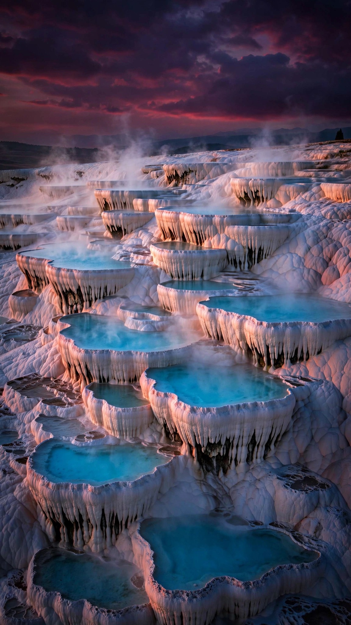 White travertine terraces with glowing turquoise pools at dusk, vertical landscape wallpaper