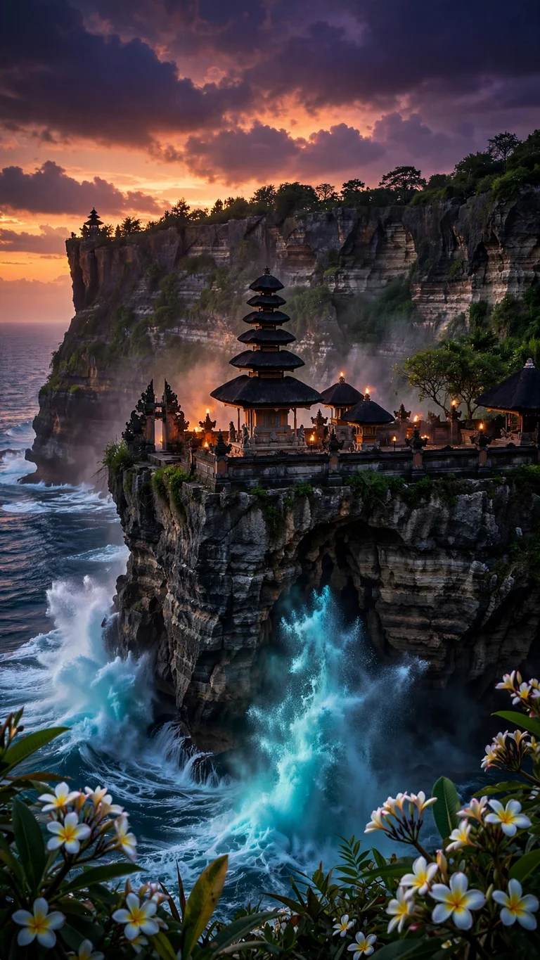 Balinese cliff temple at sunset with crashing turquoise waves and frangipani flowers, vertical landscape wallpaper