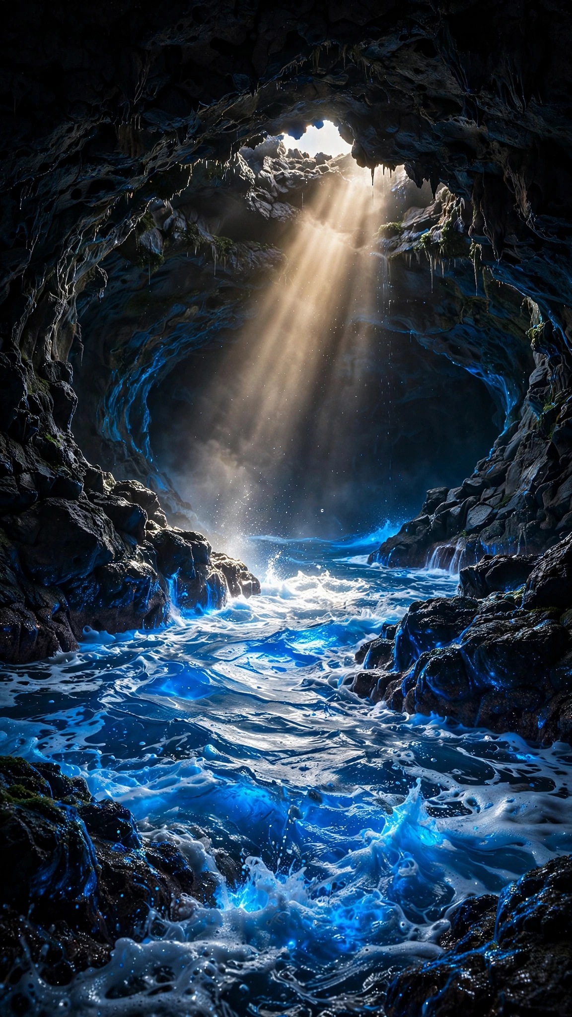 Blue sea grotto interior with sunbeam igniting cobalt blue water, vertical landscape wallpaper