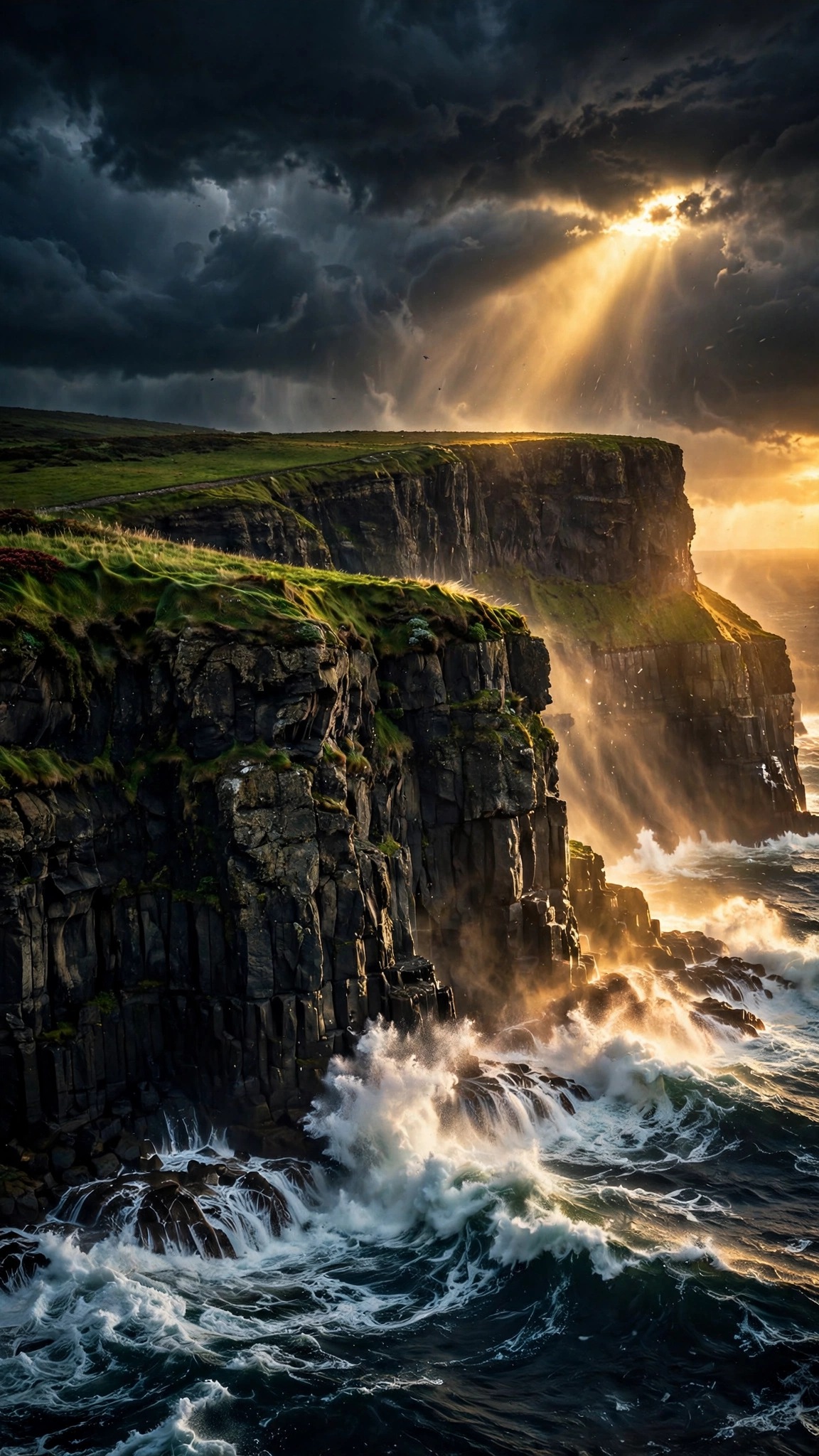 Cliffs of Moher with storm waves and golden sunset beam breaking through clouds, vertical wallpaper