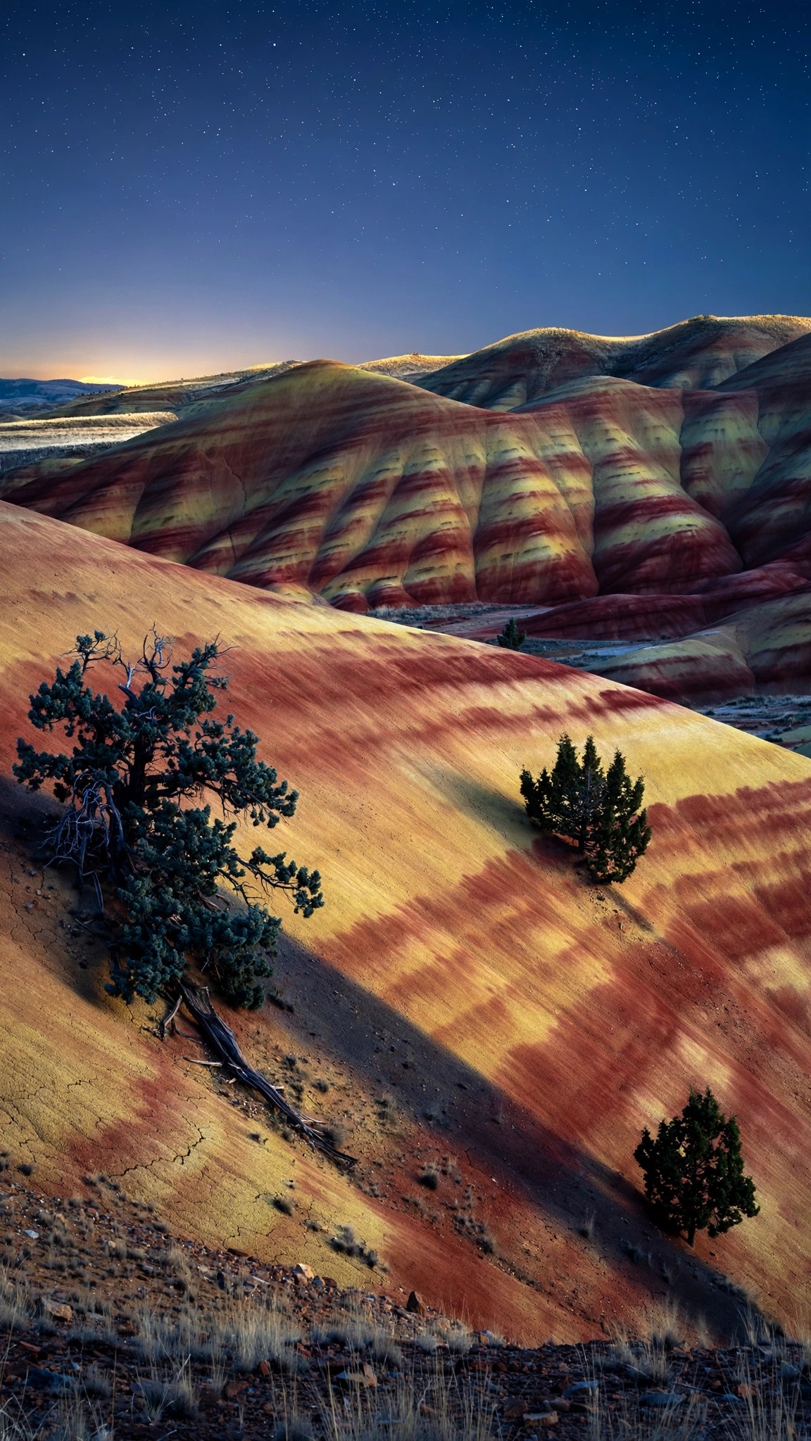 Painted Hills Oregon with red and gold striped slopes under starry blue-hour sky, vertical wallpaper