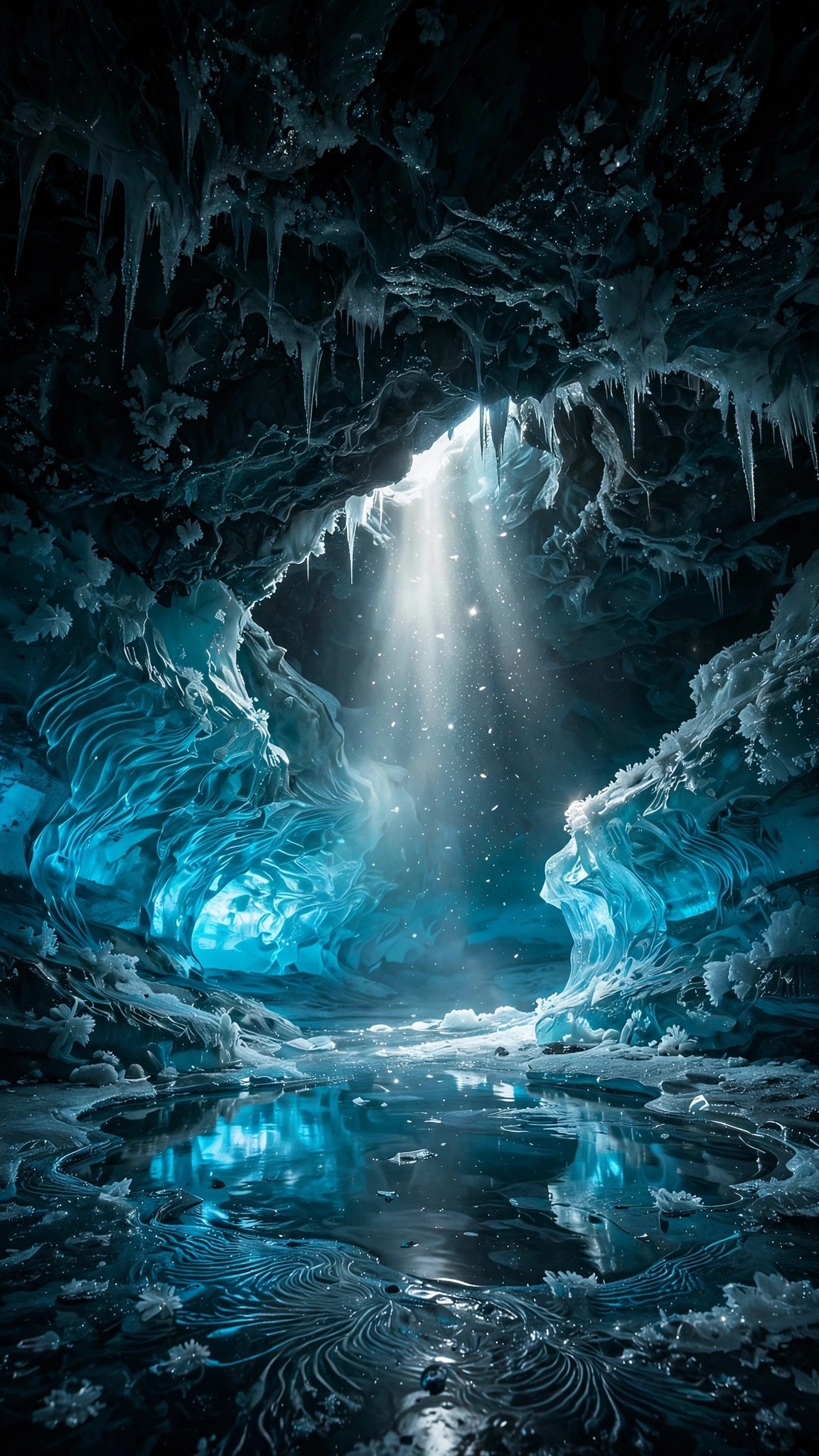 glowing blue glacier ice cave interior with light shaft, vertical landscape wallpaper