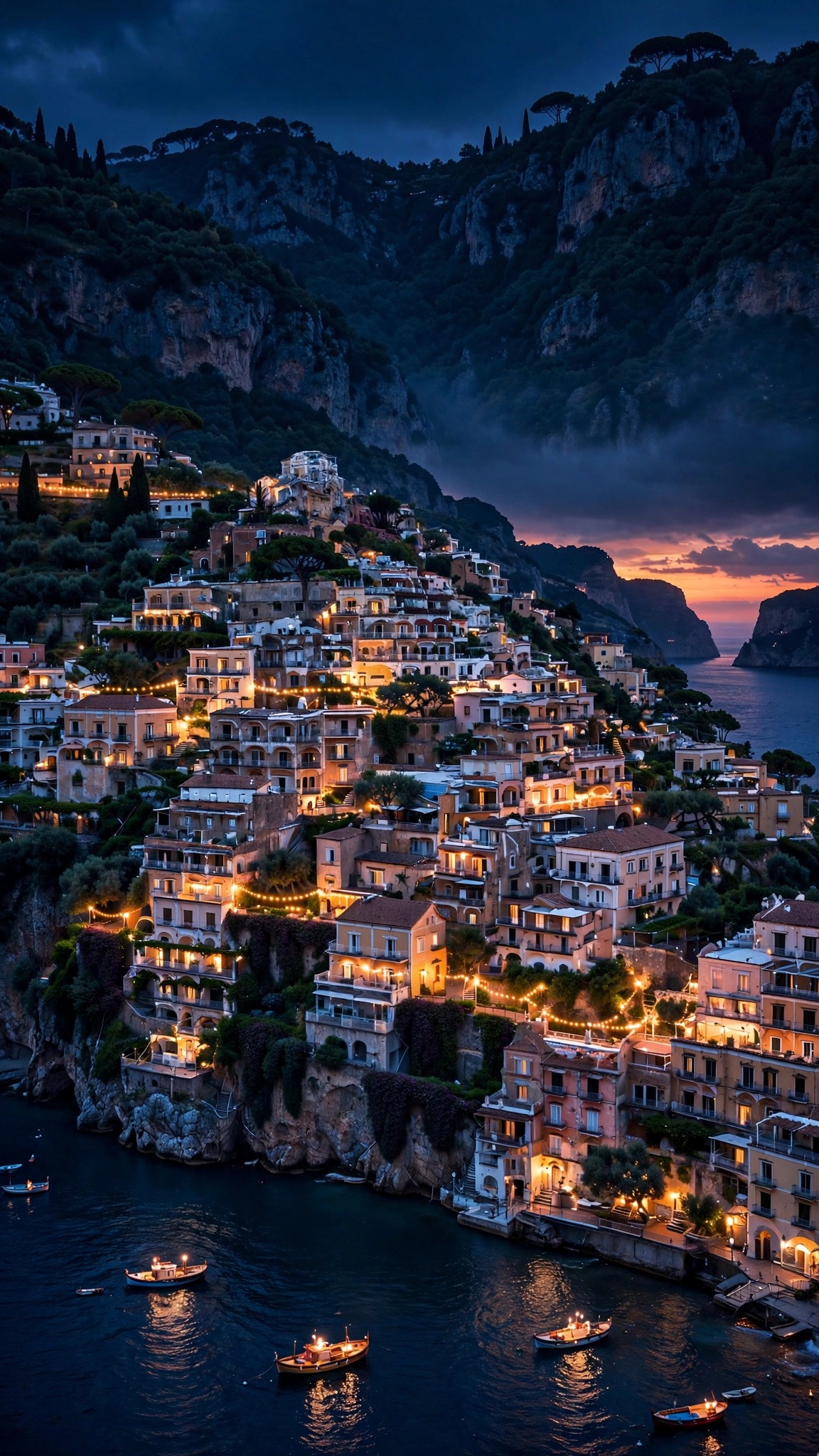 cliffside village lights at twilight over the Amalfi Coast sea, vertical landscape wallpaper