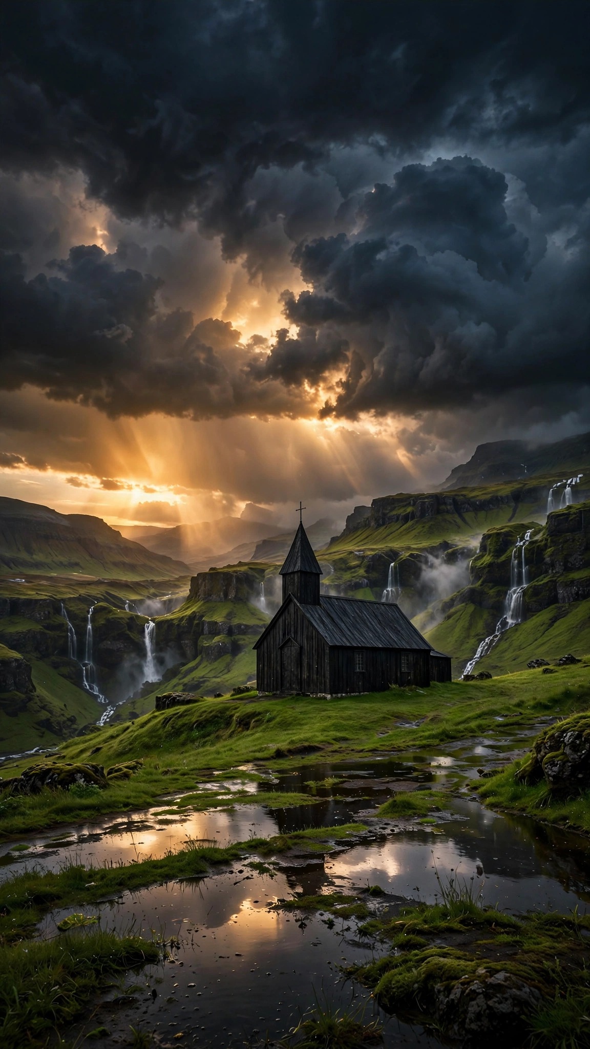 black wooden church on green hill under dramatic storm clouds at dusk, vertical landscape wallpaper
