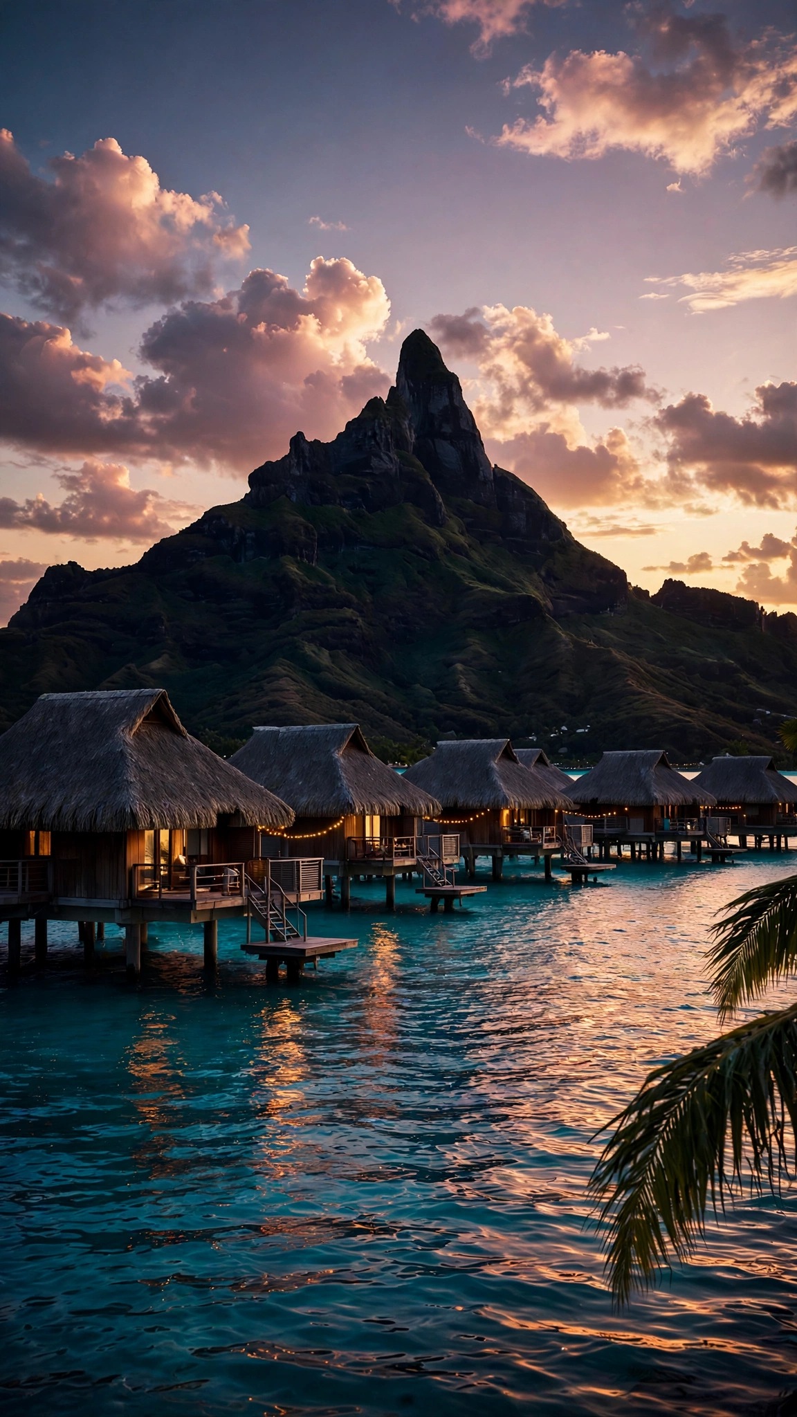 Overwater bungalows on a turquoise Bora Bora lagoon at sunset with Mt Otemanu silhouette and dramatic clouds, vertical wallpaper