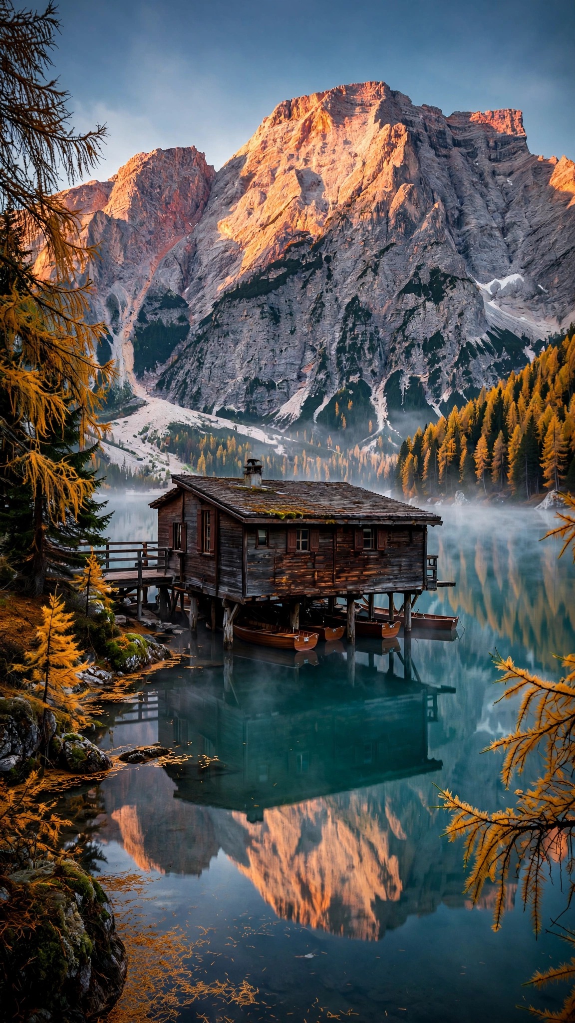 Wooden boathouse on a mirror-calm turquoise alpine lake at sunrise with golden larches and glowing Dolomite peaks, vertical wallpaper