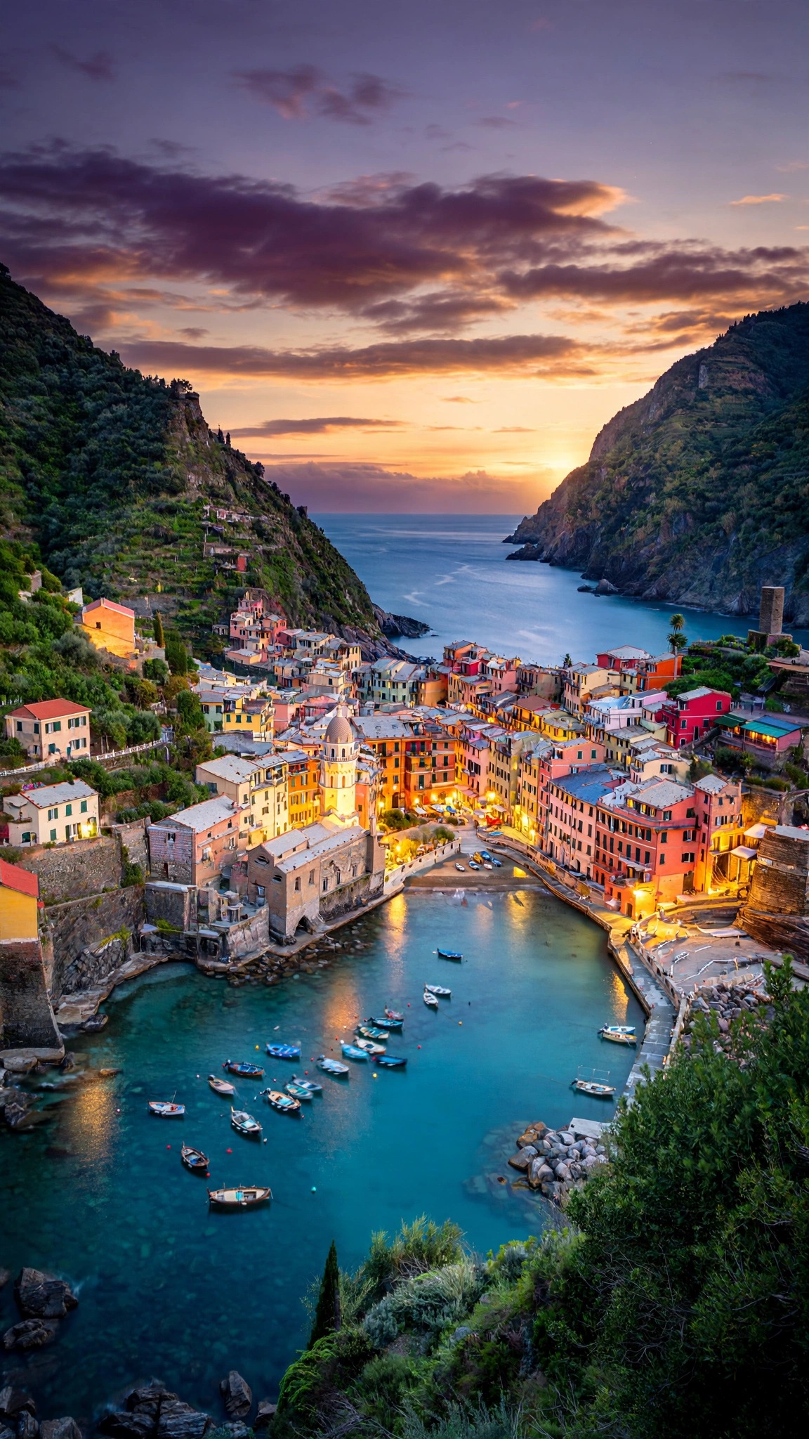 Vernazza harbor at sunset with pastel houses on green cliffs, fishing boats and turquoise water, vertical wallpaper
