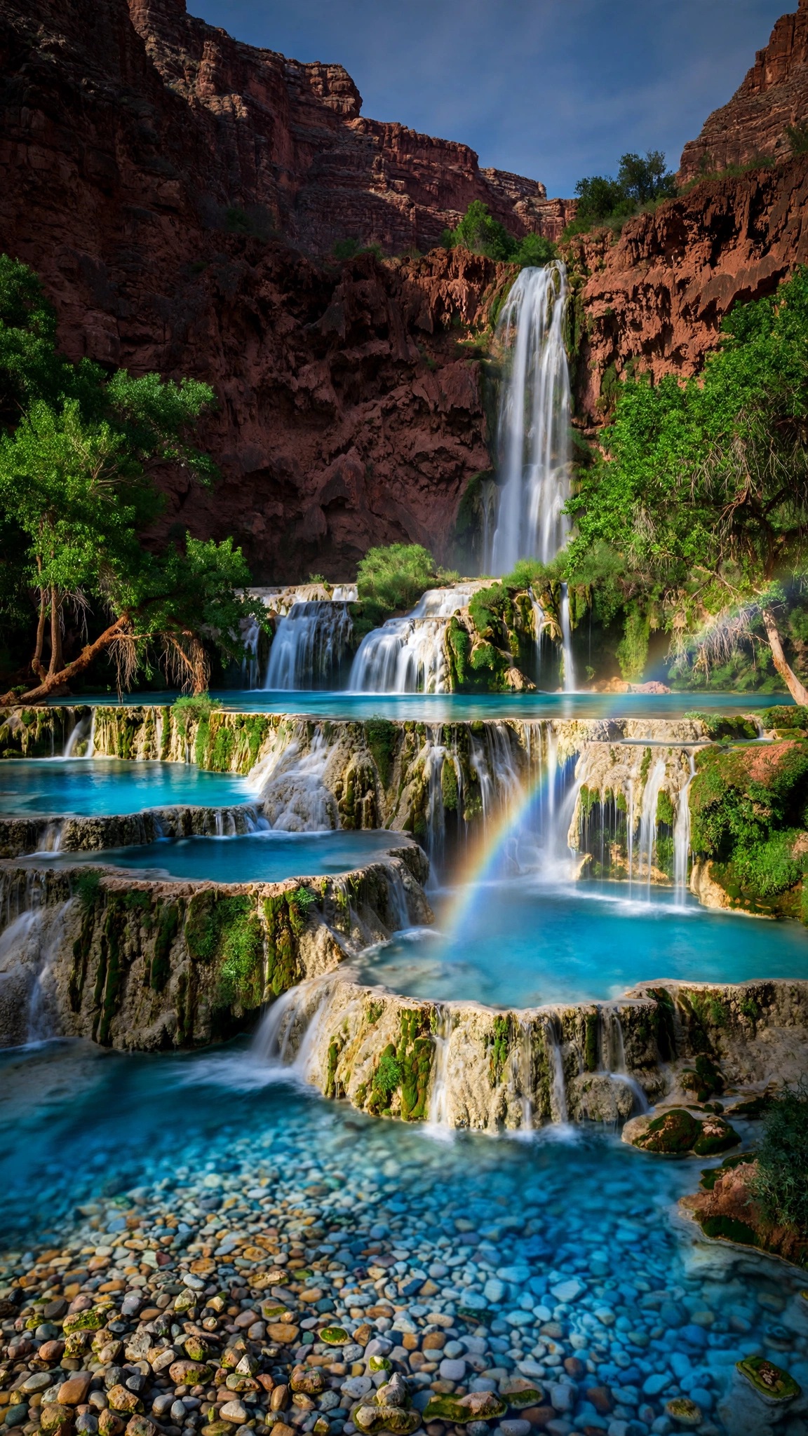 Havasu Falls turquoise travertine waterfalls in a red rock canyon with cottonwoods and rainbow mist, vertical wallpaper
