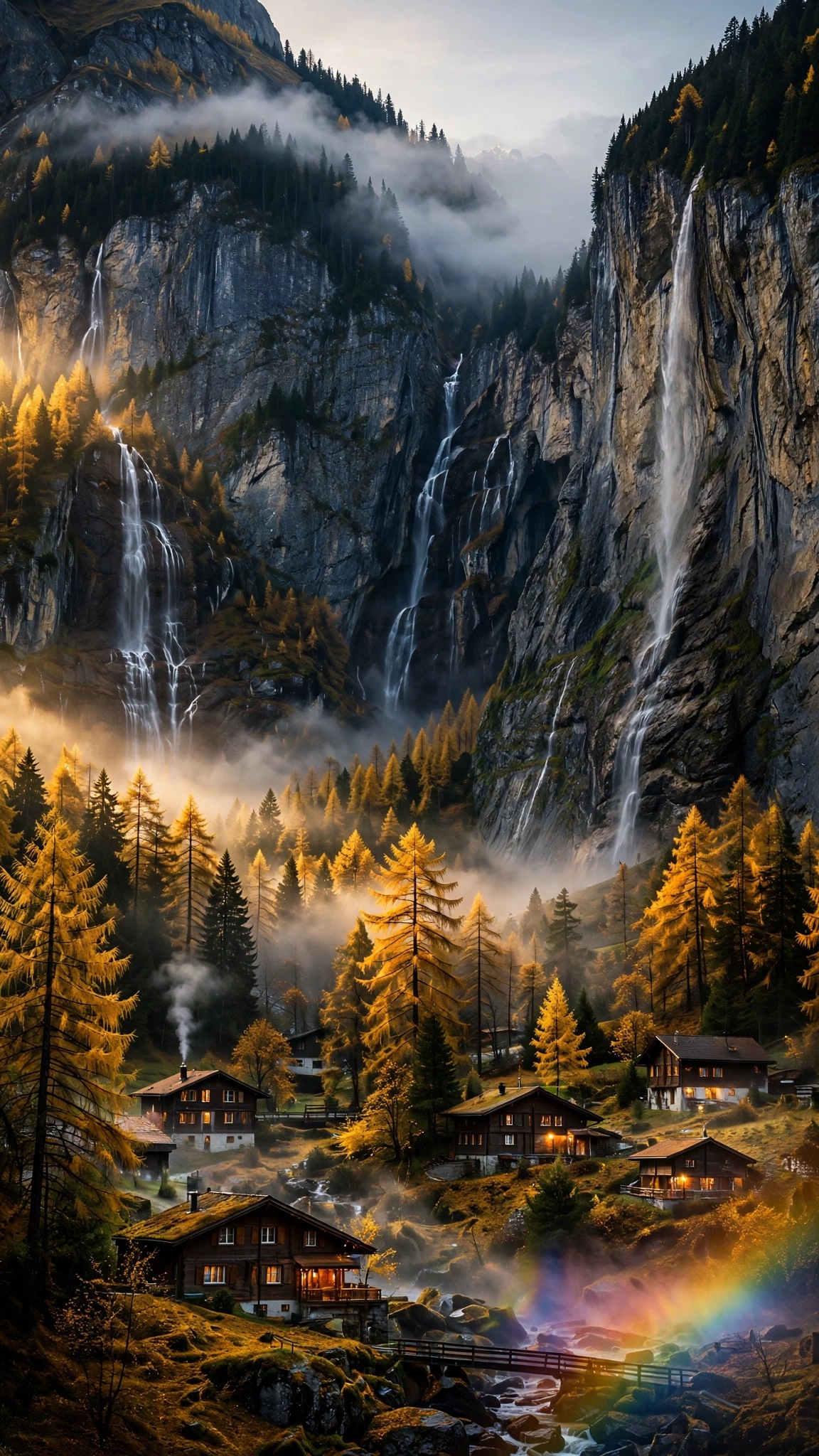 Waterfalls plunging from dark cliffs in autumn Lauterbrunnen valley with golden larches, fog and glowing chalets, vertical wallpaper