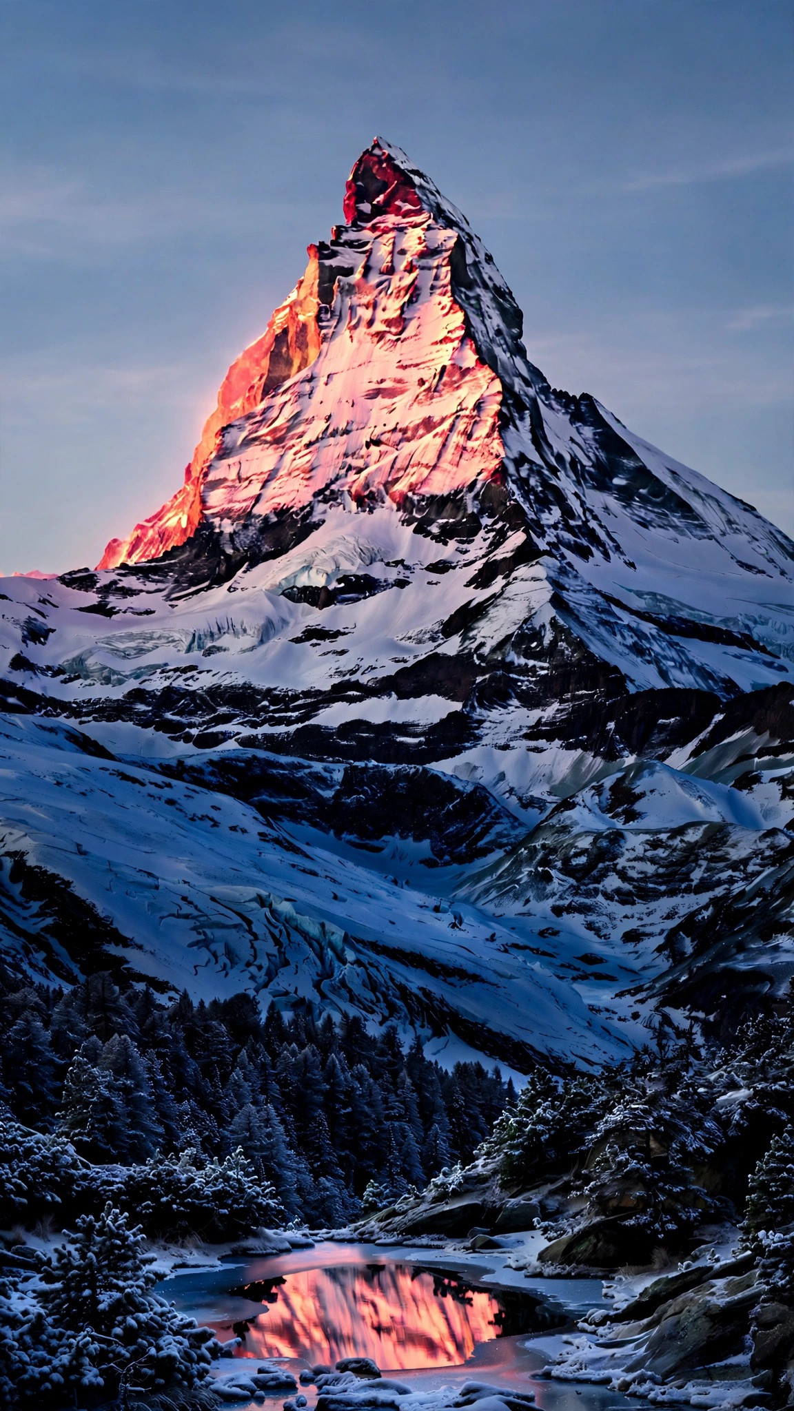 Matterhorn pyramid peak in pink alpenglow at sunrise above a glacier with pine forest and mirror lake, vertical wallpaper