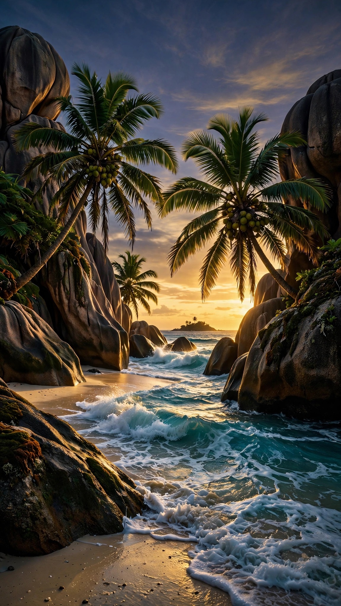 Giant granite boulders and leaning palms on a golden-hour Seychelles beach with turquoise waves, vertical wallpaper