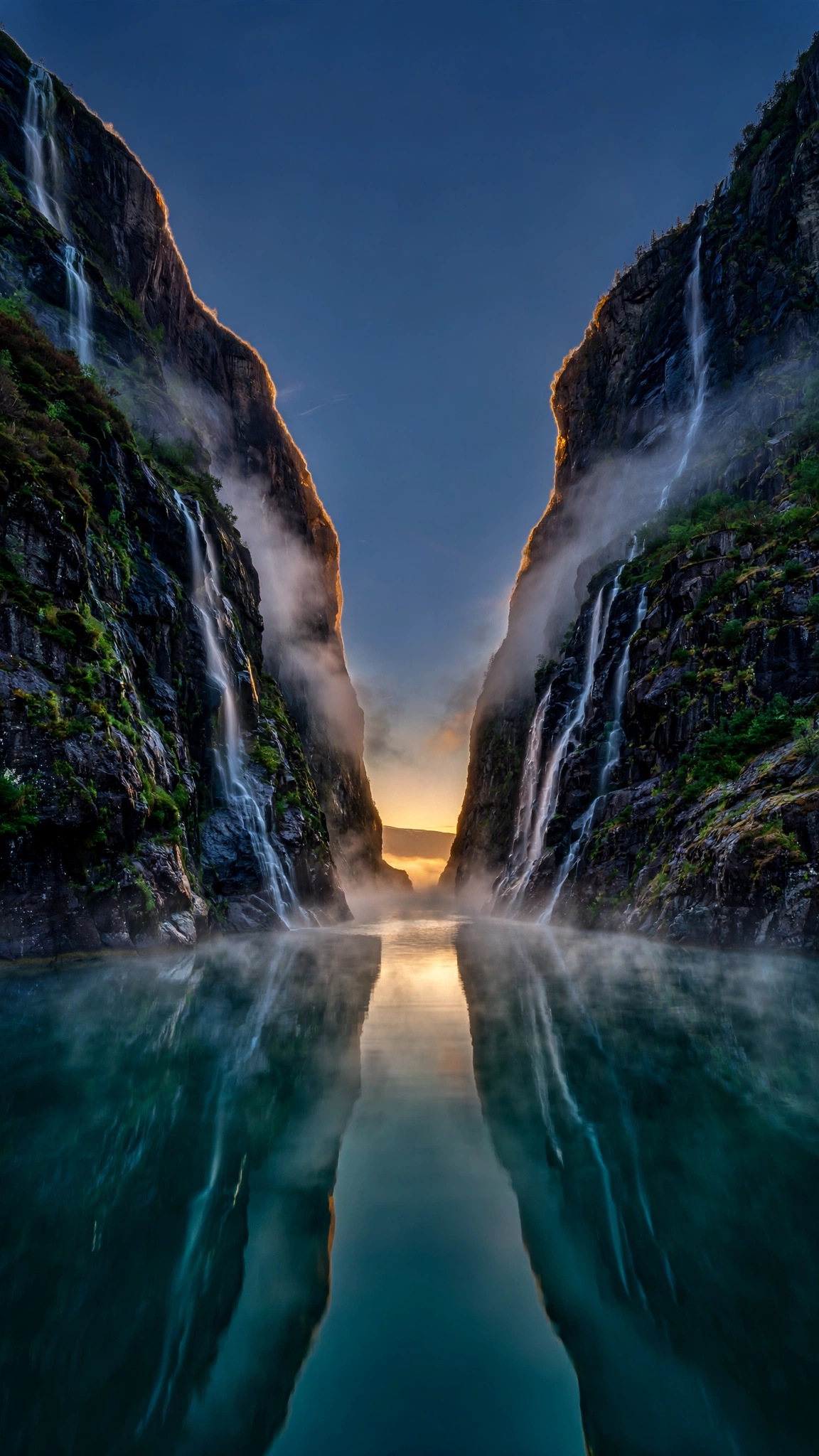 Fjord cliffs with waterfalls and mist at dusk, vertical landscape wallpaper