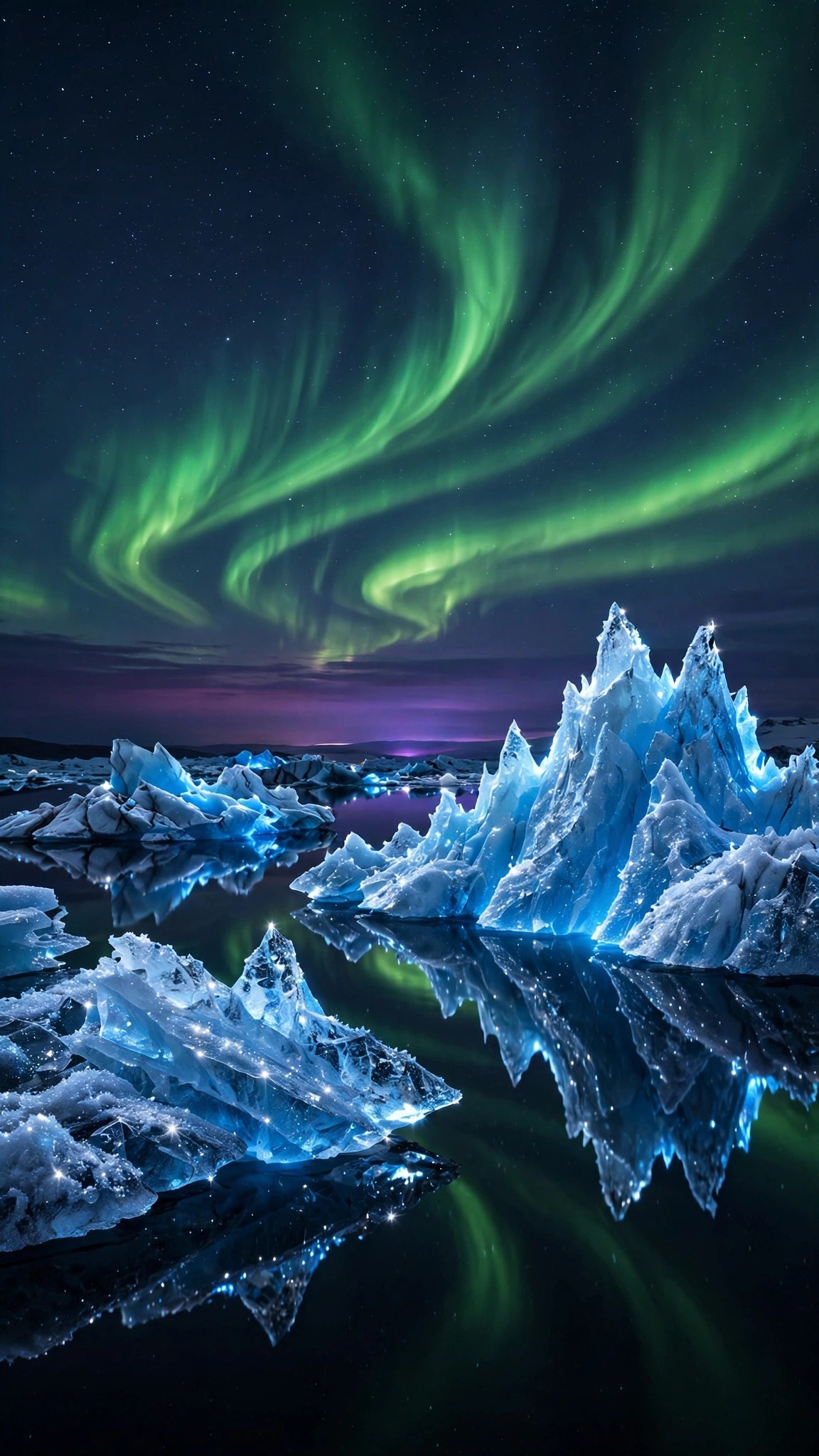 Glowing icebergs under green aurora at night, vertical landscape wallpaper