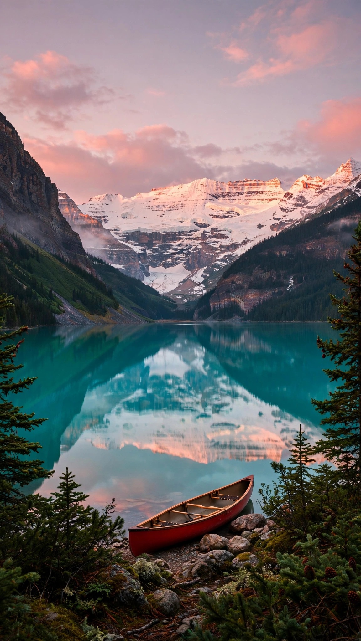 Red canoe on turquoise Lake Louise at sunrise, vertical landscape wallpaper