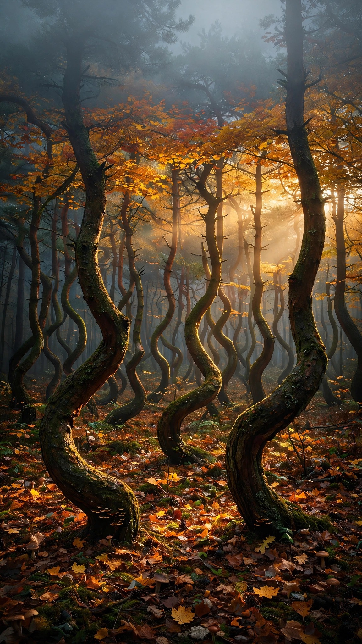 Crooked Forest Poland bent pines in autumn fog with golden leaves, phone wallpaper