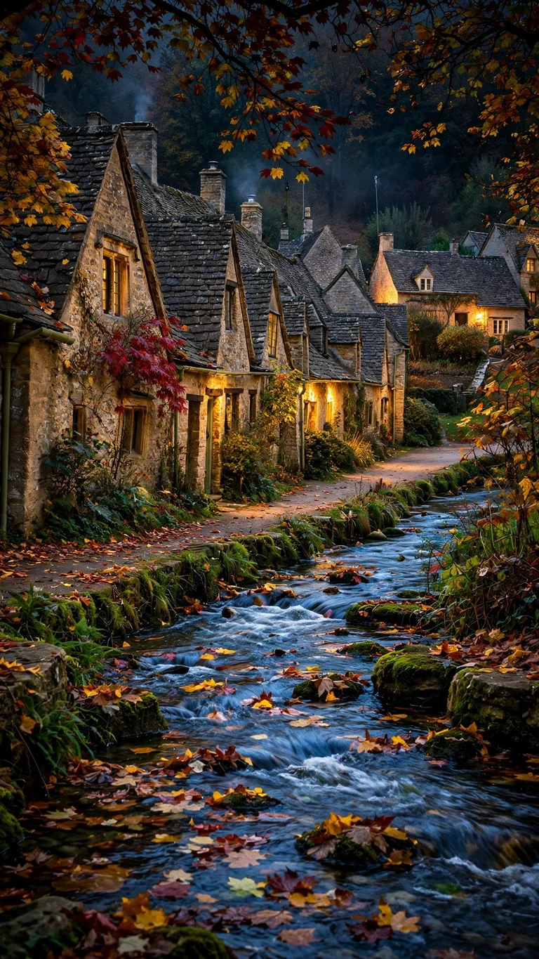 Bibury Arlington Row in Autumn phone wallpaper
