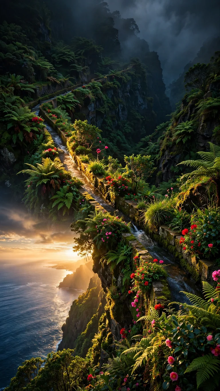 Madeira Levada Cliff Garden at Sunrise phone wallpaper