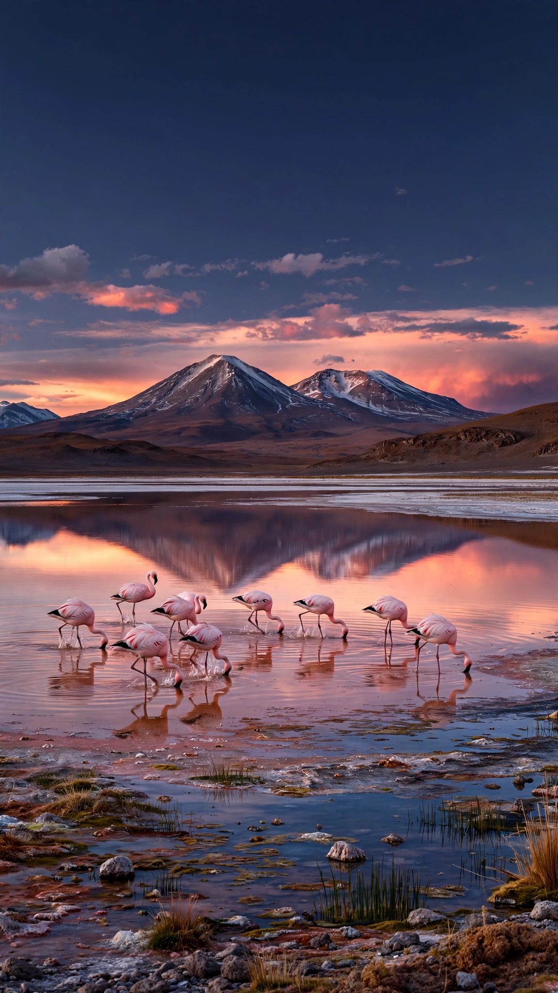 Pink flamingos wading in an Atacama altiplano lagoon at dusk with volcanoes