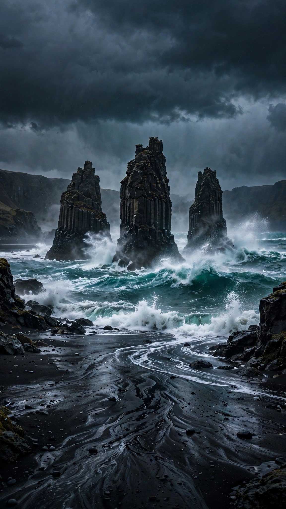 Reynisdrangar basalt sea stacks in storm waves off Iceland black sand beach