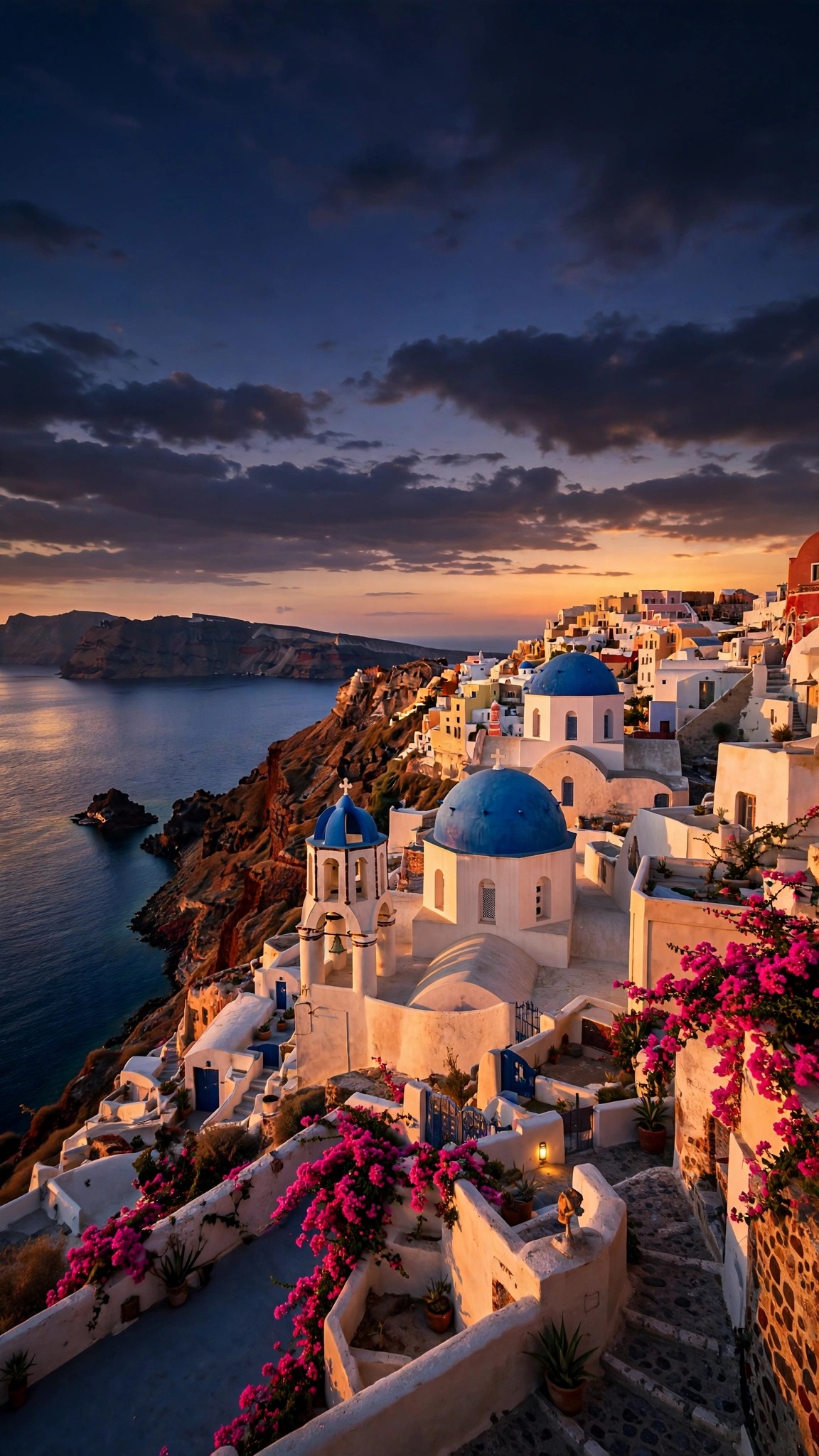 Santorini blue domes and whitewashed houses above the caldera at sunset