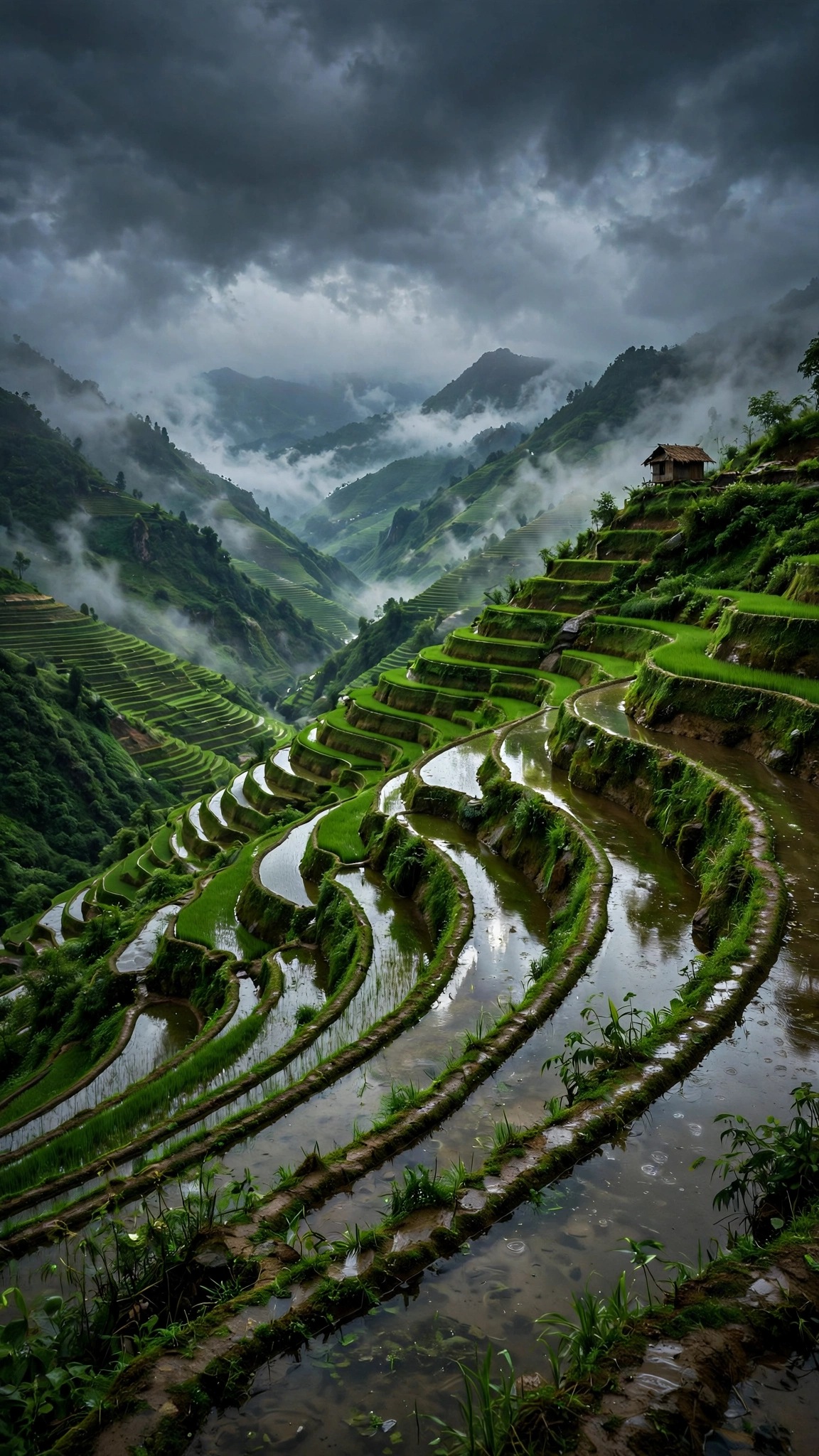 Emerald rice terraces in Sapa Vietnam after monsoon rain with misty mountains and a wooden hut